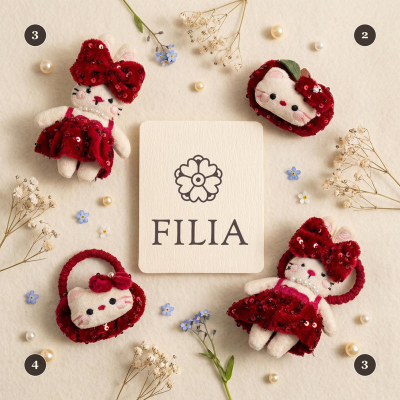 Sequin Bow Bunny & Cat Hair Clip Set – Red Pink Sparkle Hair Accessory for Toddler Girls | FILIA Sweet