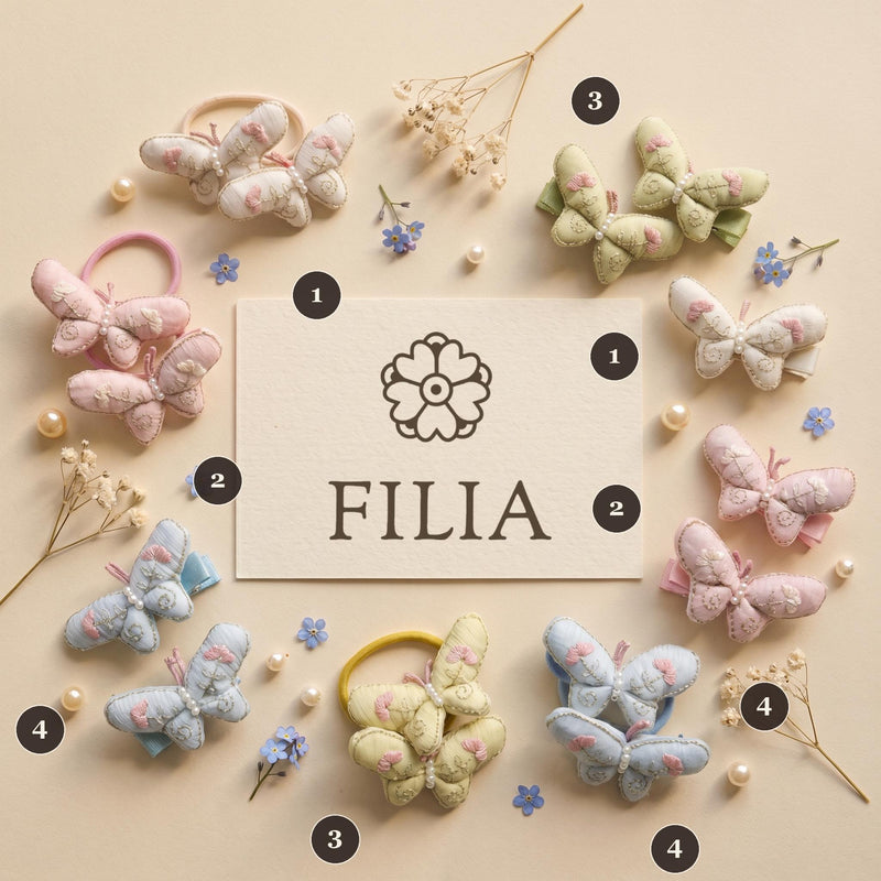 Embroidered Butterfly & Chiffon Bow Hair Clip & Hair Tie – 13 Color Set for Toddler Girls | FILIA Korean