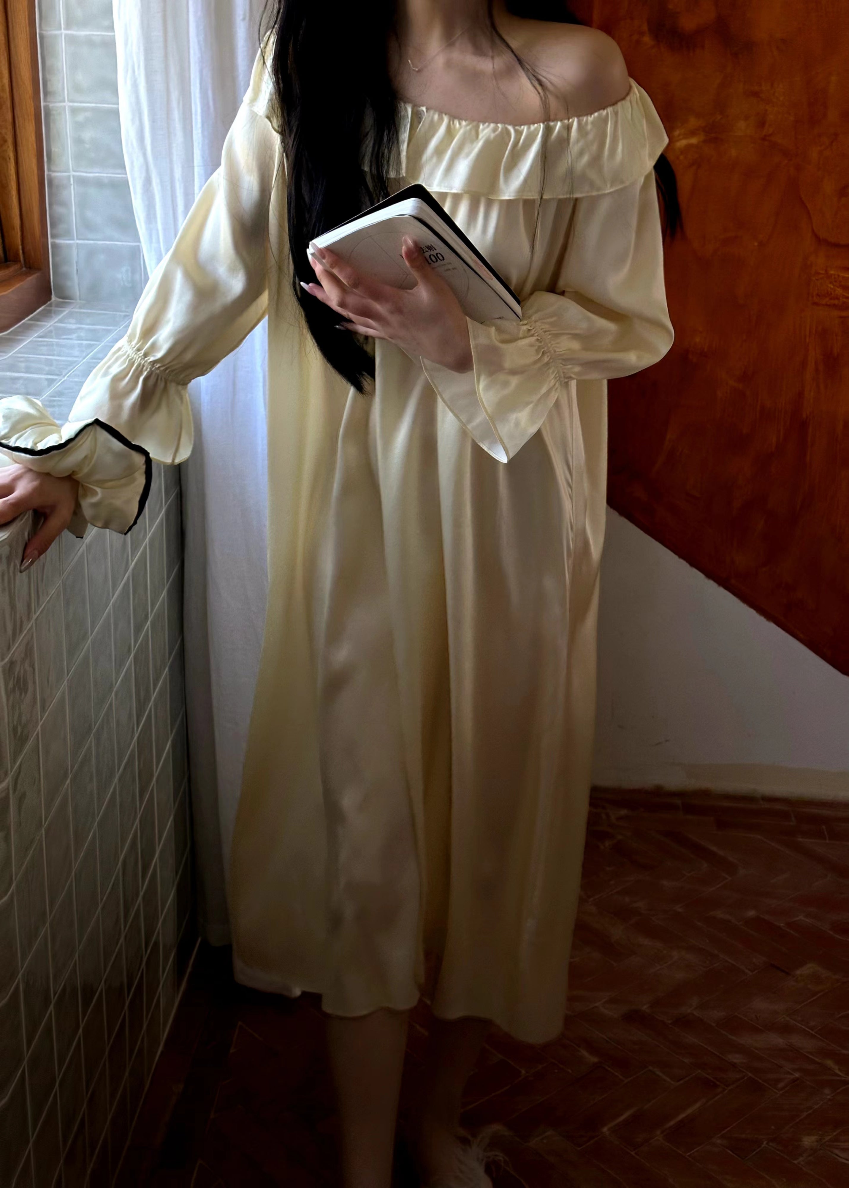 Champagne Beige Off-Shoulder Mulberry Silk Nightgown image 1