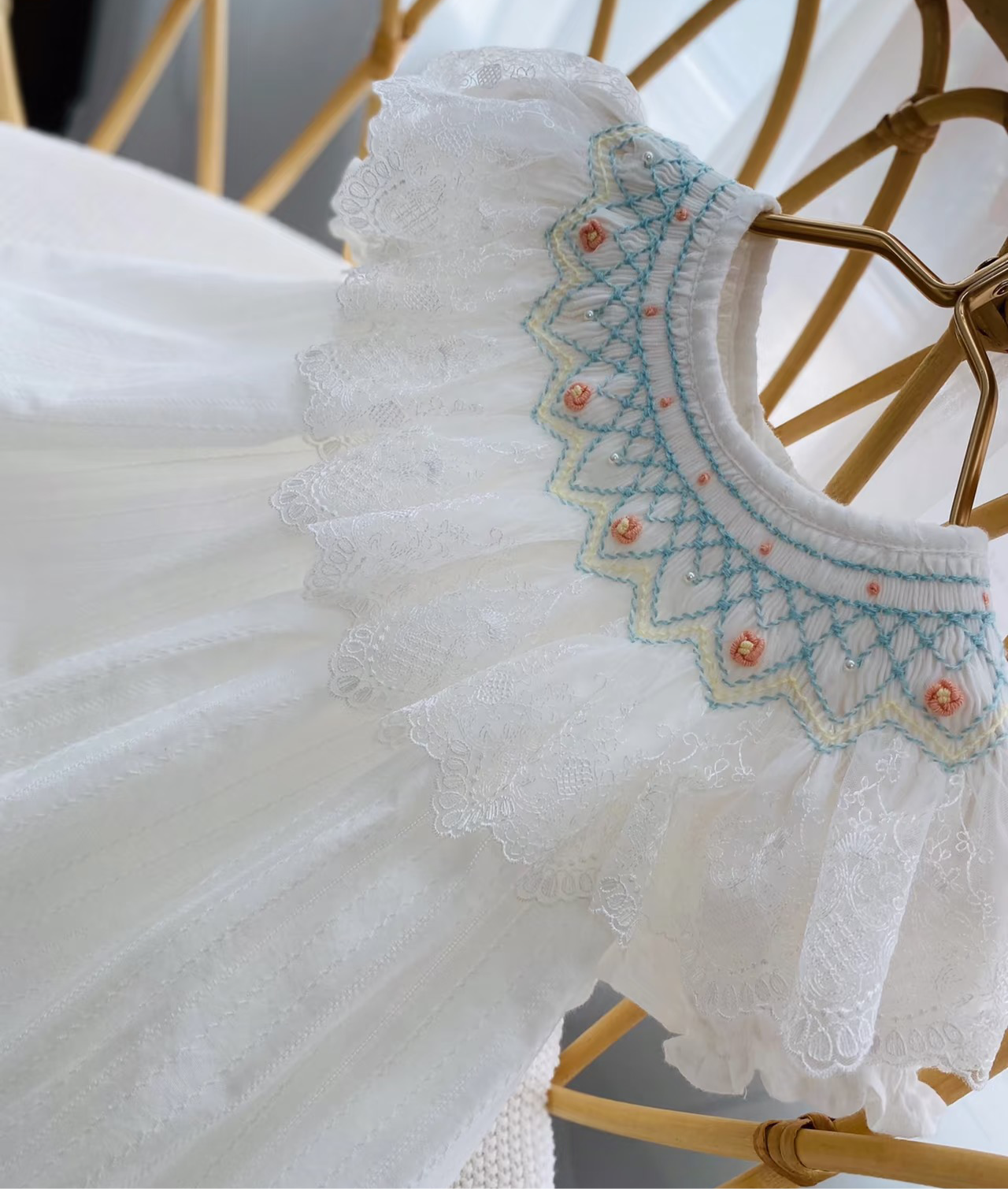 Hand-Smocked Embroidered White Dress
