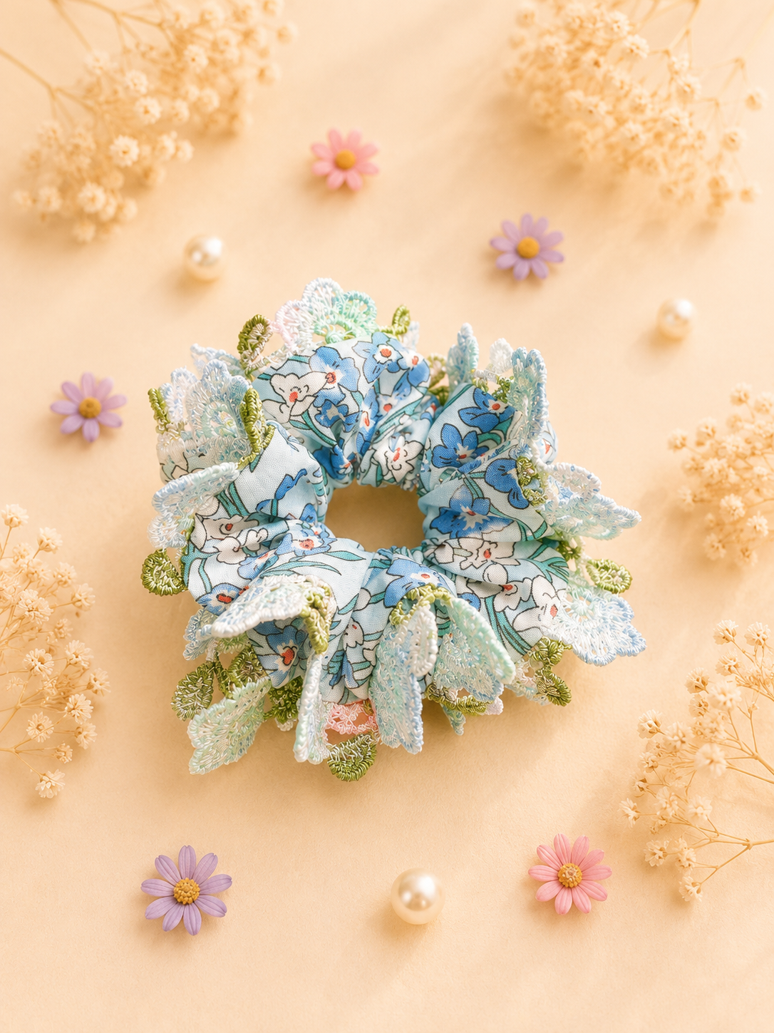 Blue Floral Lace Scrunchie