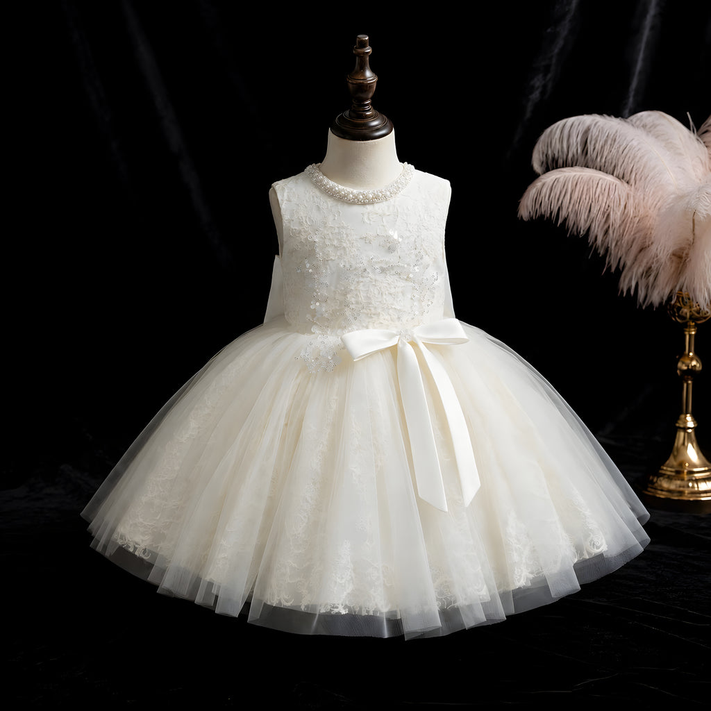 Girls Ivory Pearl-Beaded Lace Ball Gown with Satin Bow - Christening, Baptism & Flower Girl