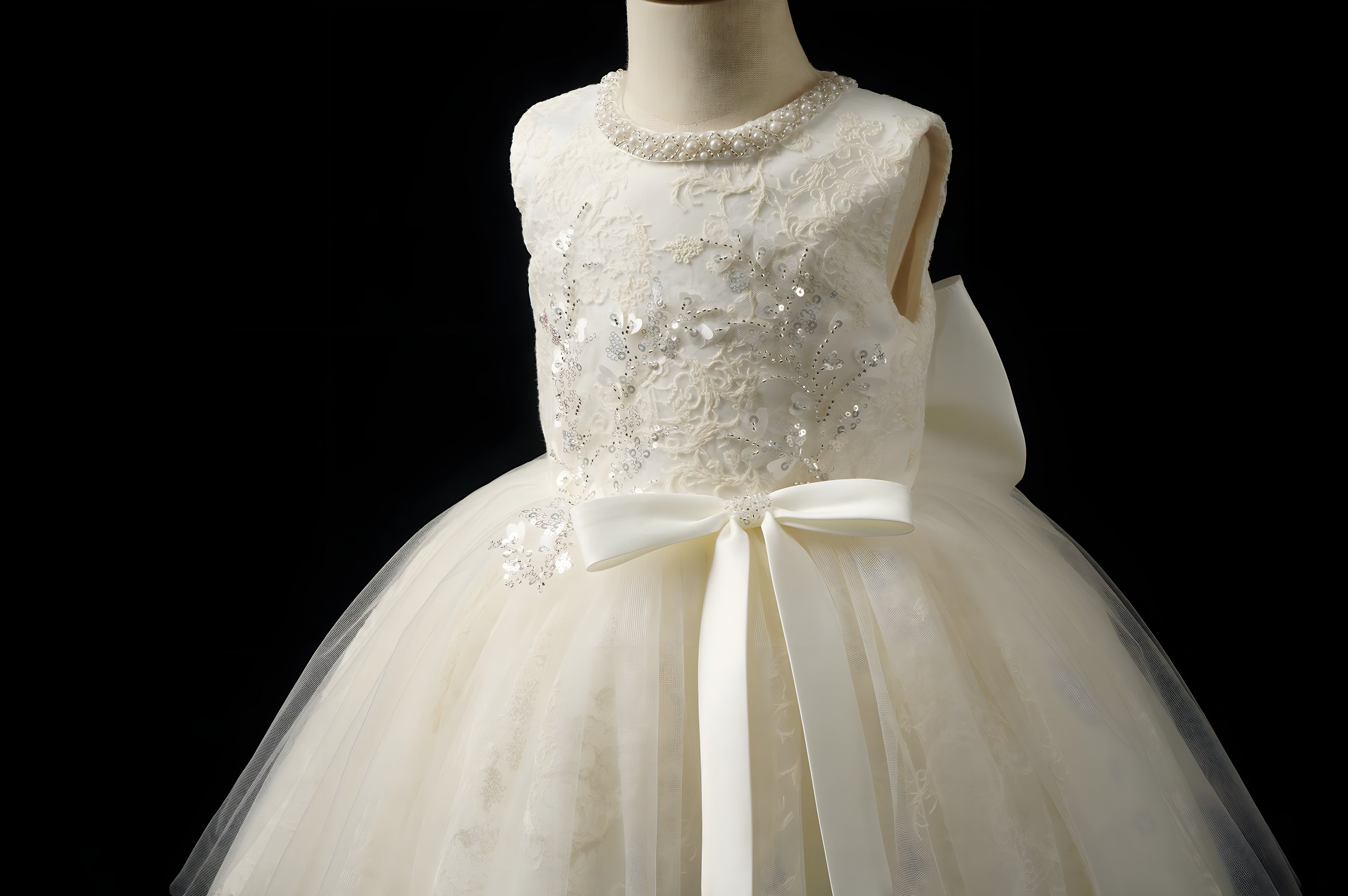 Girls Ivory Pearl-Beaded Lace Ball Gown with Satin Bow - Christening, Baptism & Flower Girl