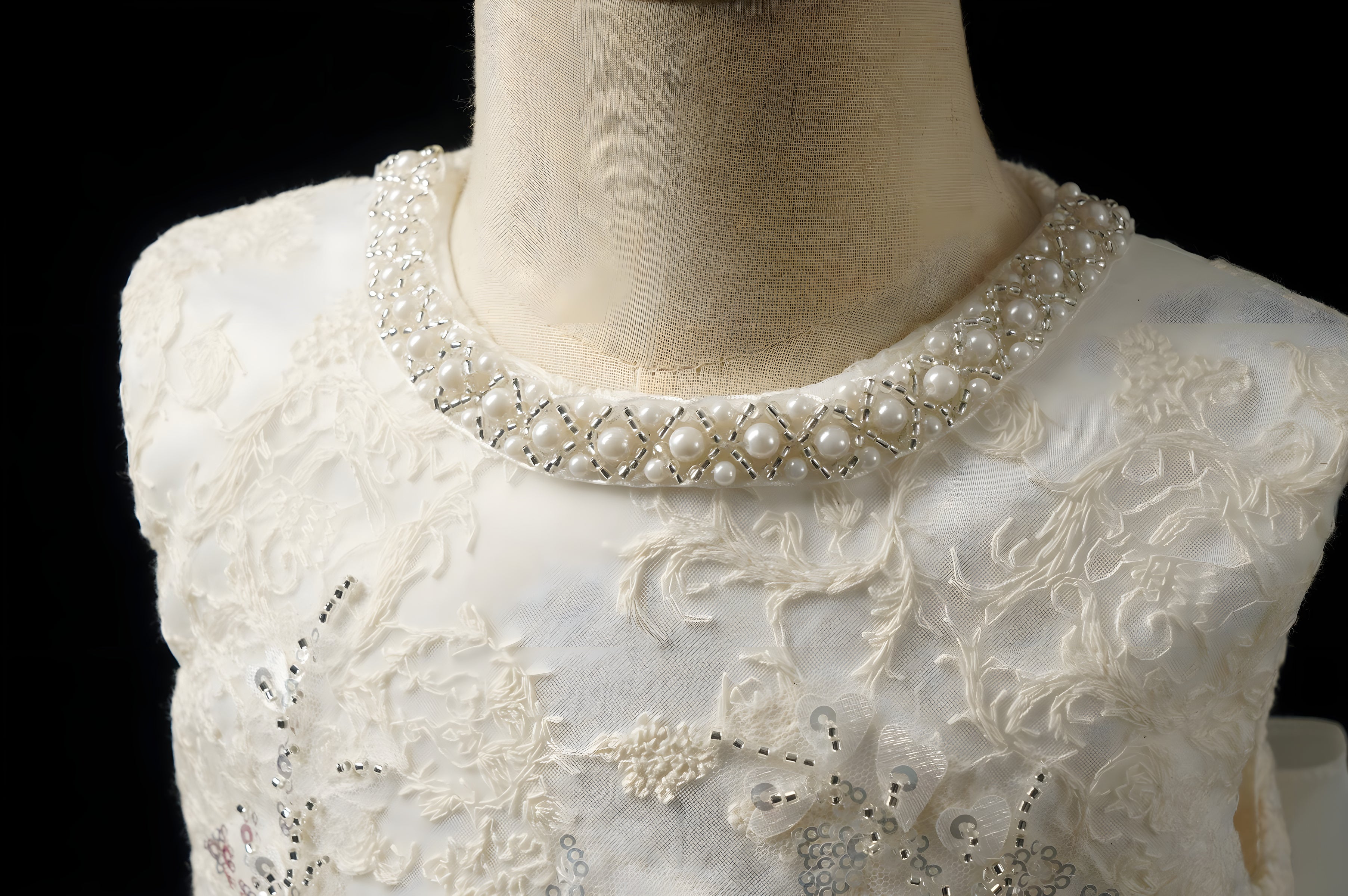 Girls Ivory Pearl-Beaded Lace Ball Gown with Satin Bow - Christening, Baptism & Flower Girl