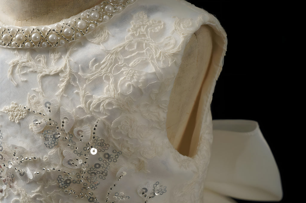 Girls Ivory Pearl-Beaded Lace Ball Gown with Satin Bow - Christening, Baptism & Flower Girl