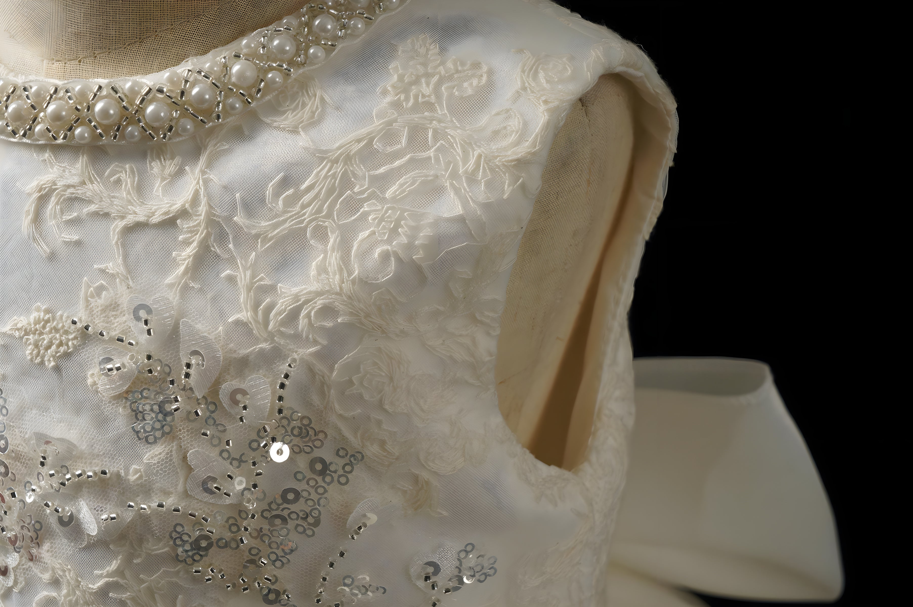 Girls Ivory Pearl-Beaded Lace Ball Gown with Satin Bow - Christening, Baptism & Flower Girl