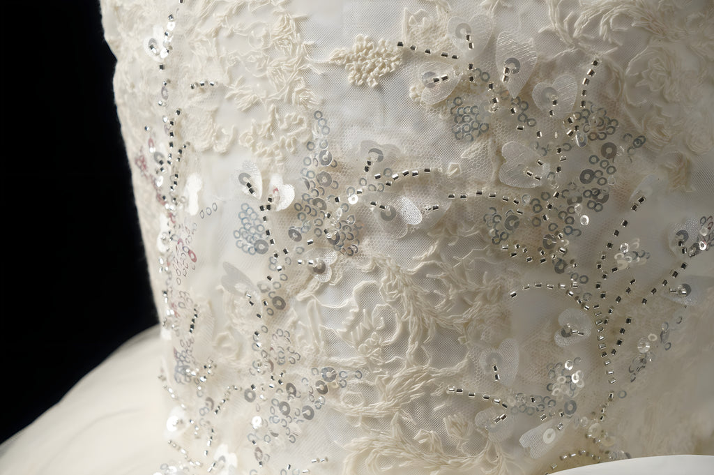 Girls Ivory Pearl-Beaded Lace Ball Gown with Satin Bow - Christening, Baptism & Flower Girl