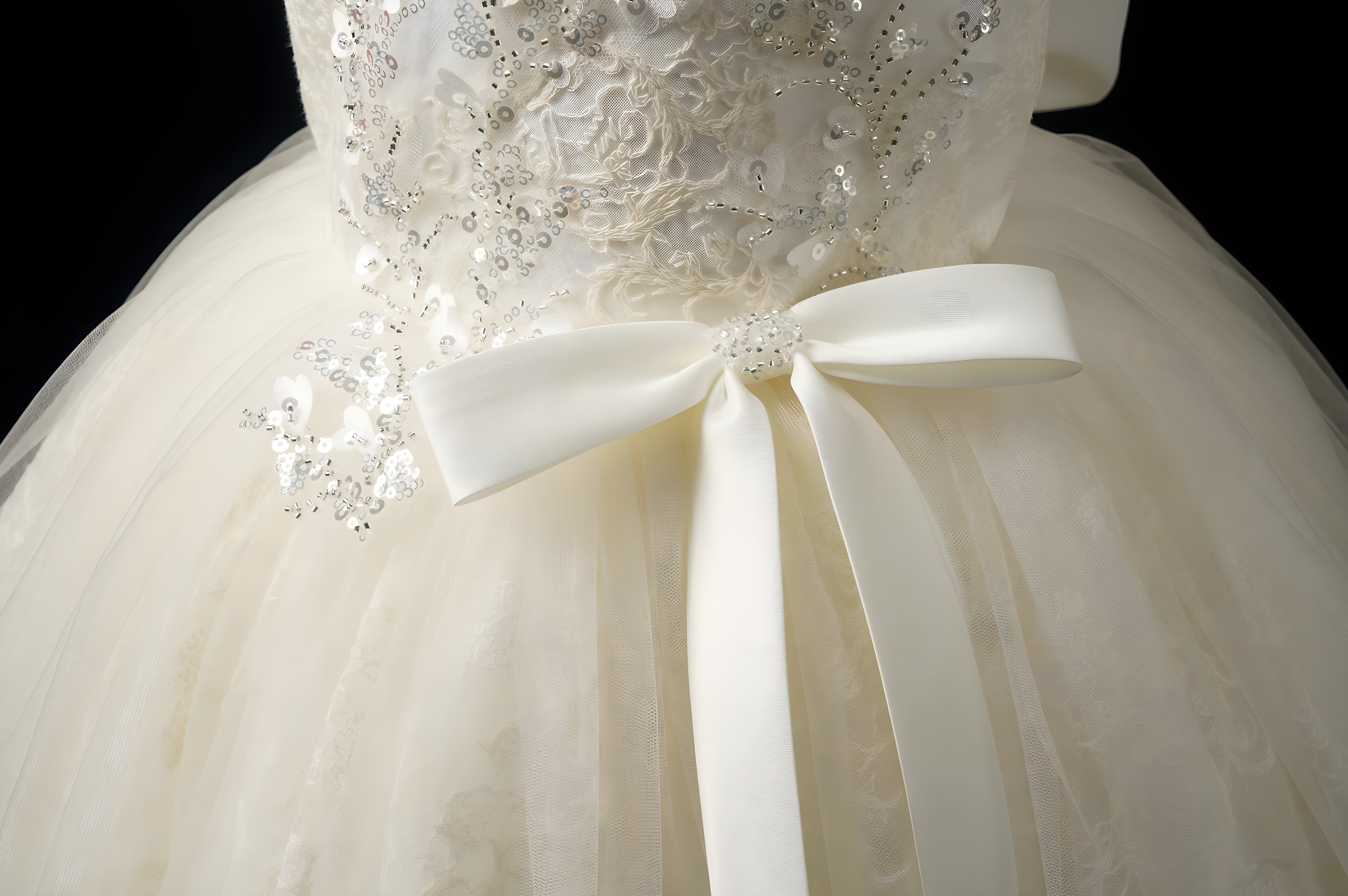Girls Ivory Pearl-Beaded Lace Ball Gown with Satin Bow - Christening, Baptism & Flower Girl