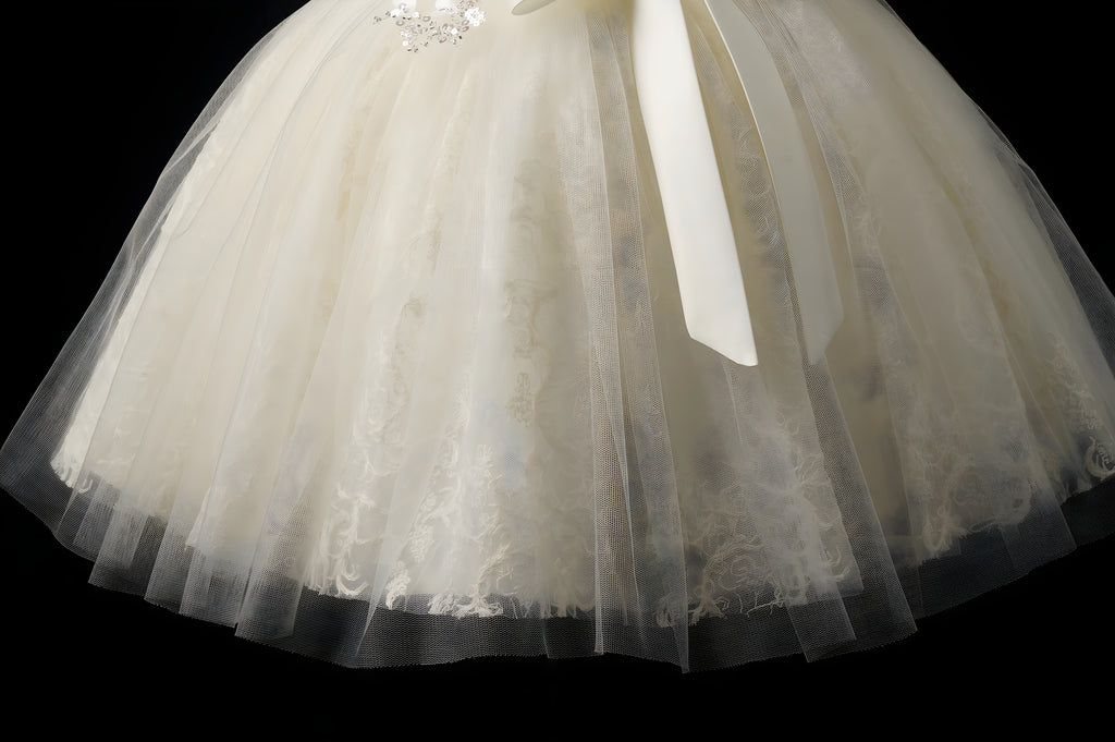 Girls Ivory Pearl-Beaded Lace Ball Gown with Satin Bow - Christening, Baptism & Flower Girl