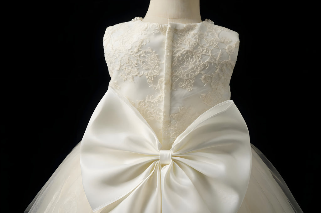 Girls Ivory Pearl-Beaded Lace Ball Gown with Satin Bow - Christening, Baptism & Flower Girl