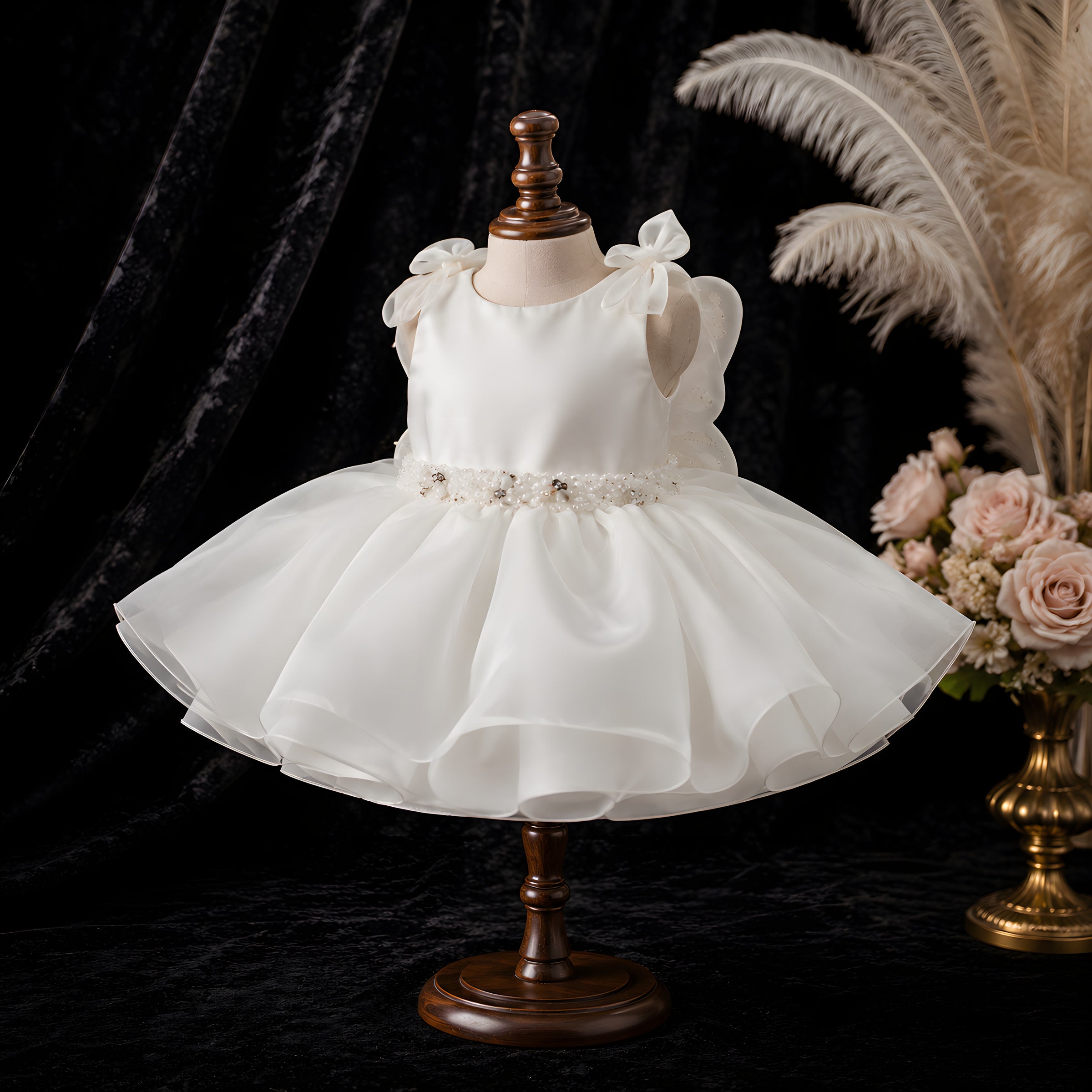 Girls Ivory Organza Butterfly Wing Dress with Lilac 3D Flowers - Flower Girl, Birthday & Photoshoot