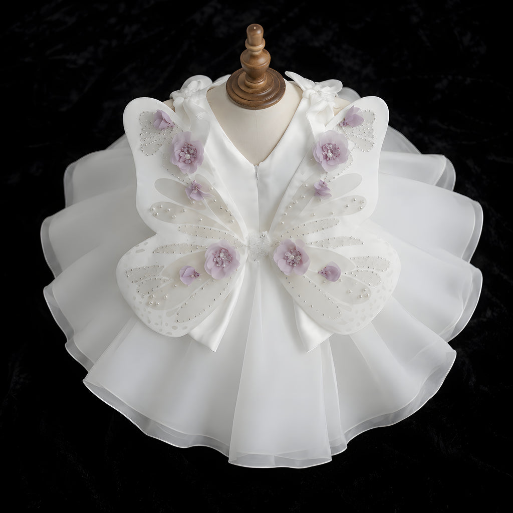 Girls Ivory Organza Butterfly Wing Dress with Lilac 3D Flowers - Flower Girl, Birthday & Photoshoot