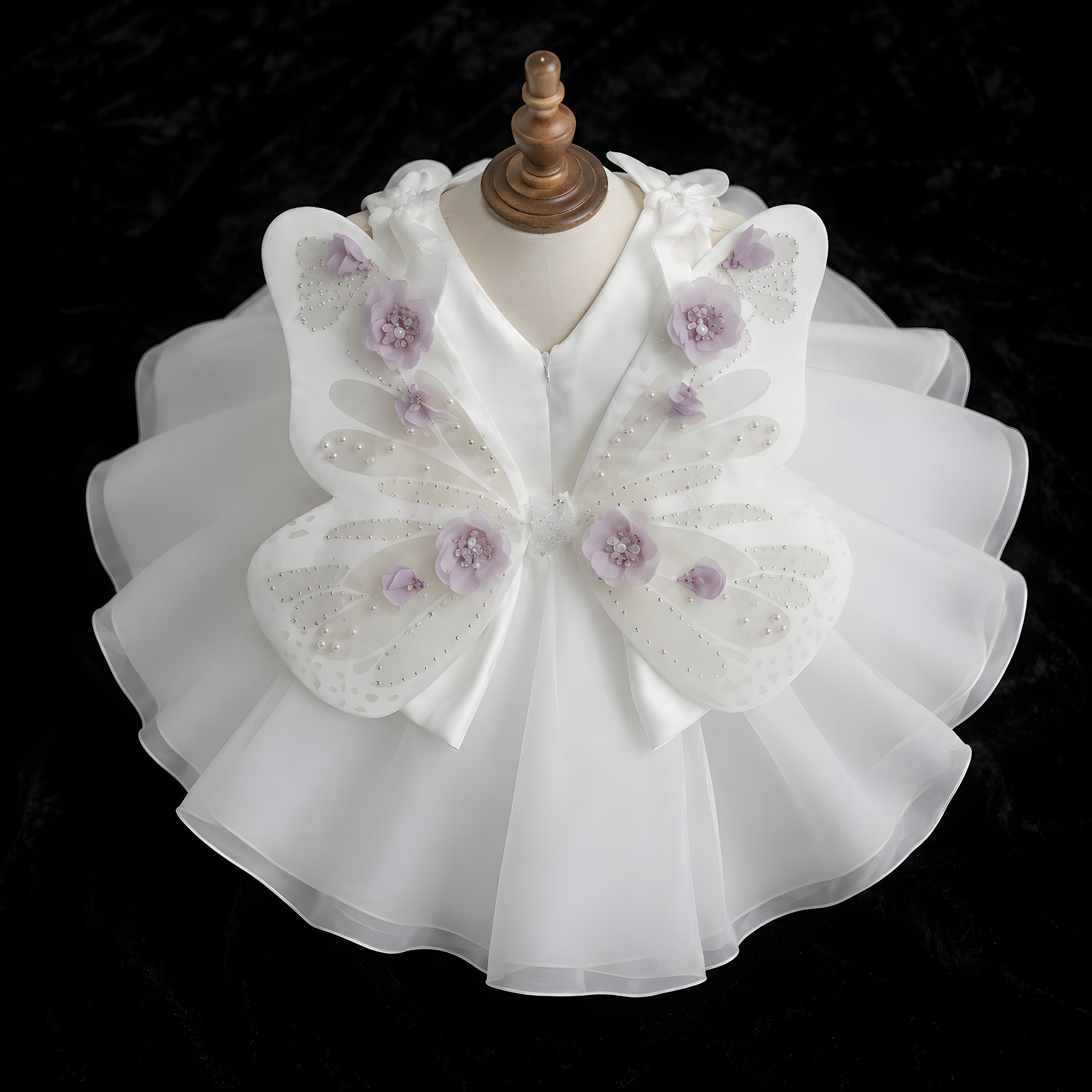 Girls Ivory Organza Butterfly Wing Dress with Lilac 3D Flowers - Flower Girl, Birthday & Photoshoot