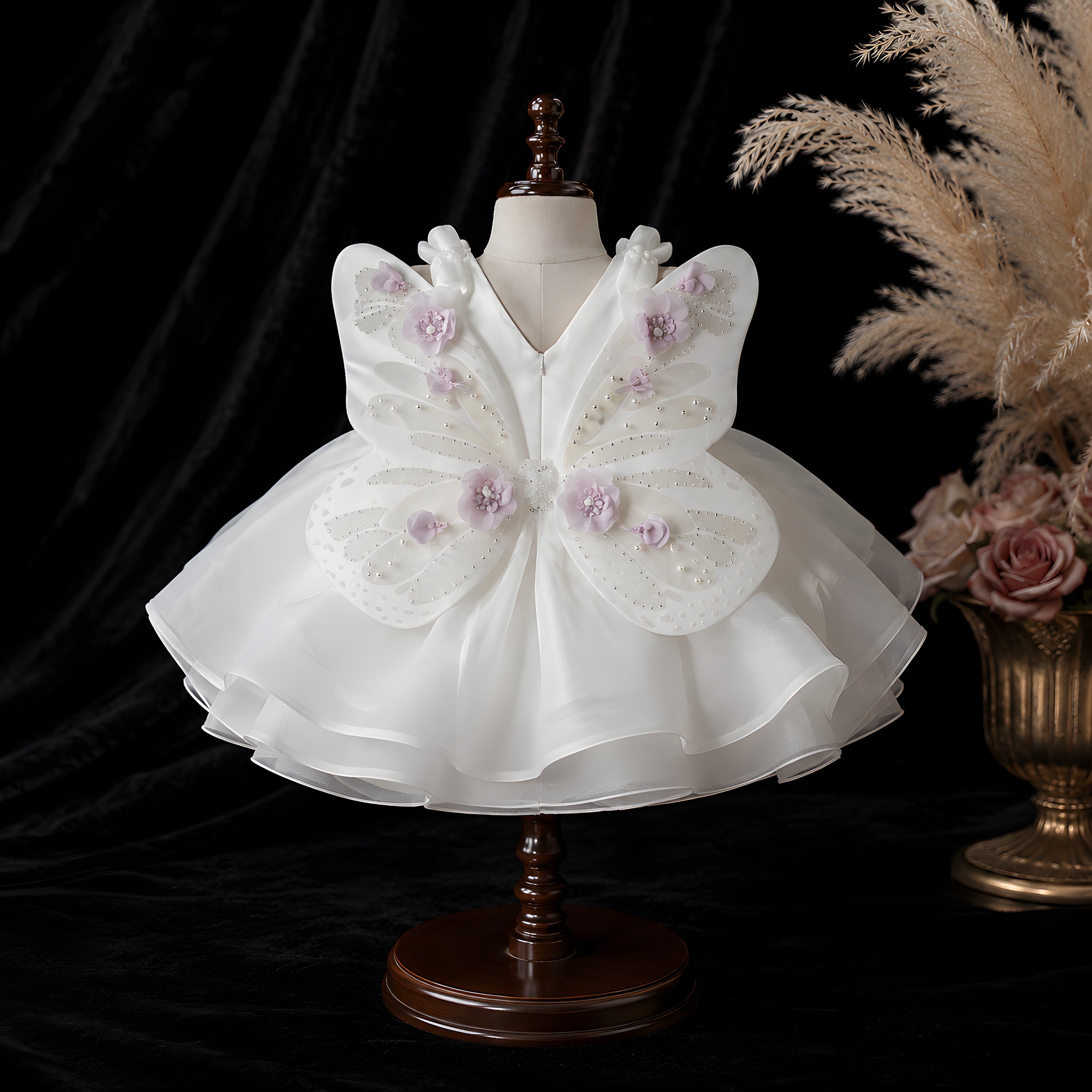Girls Ivory Organza Butterfly Wing Dress with Lilac 3D Flowers - Flower Girl, Birthday & Photoshoot