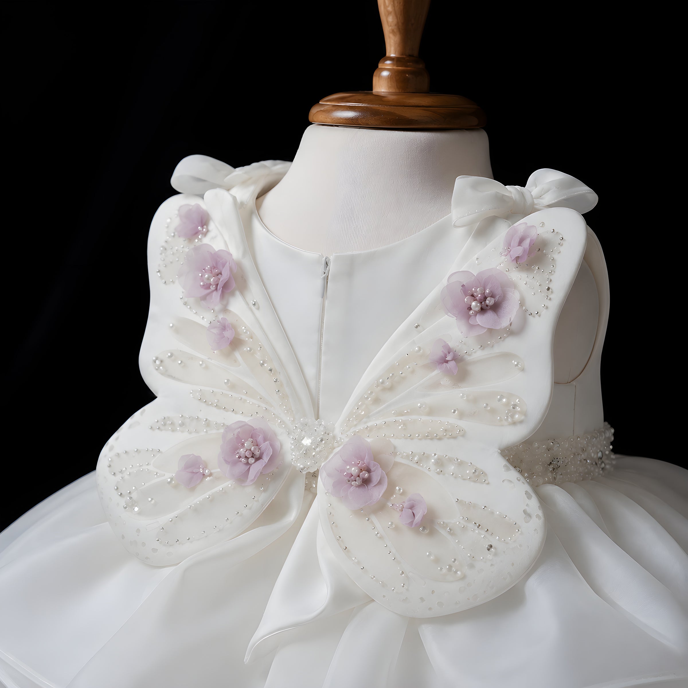 Girls Ivory Organza Butterfly Wing Dress with Lilac 3D Flowers - Flower Girl, Birthday & Photoshoot