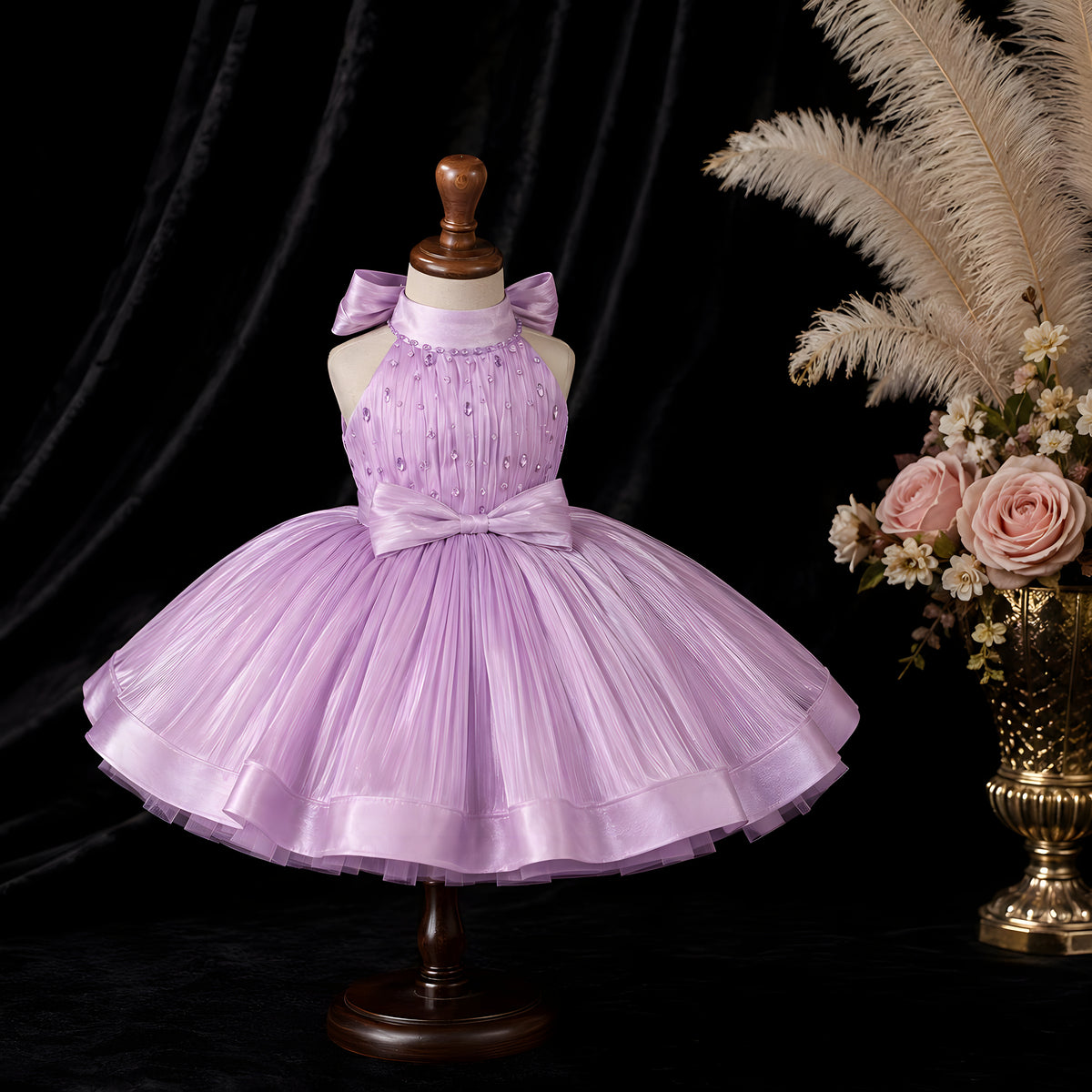 Girls Lilac Organza Beaded Halter Party Dress with Satin Bow - Flower Girl, Birthday & Cake Smash