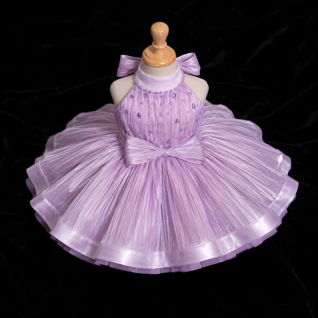 Girls Lilac Organza Beaded Halter Party Dress with Satin Bow - Flower Girl, Birthday & Cake Smash