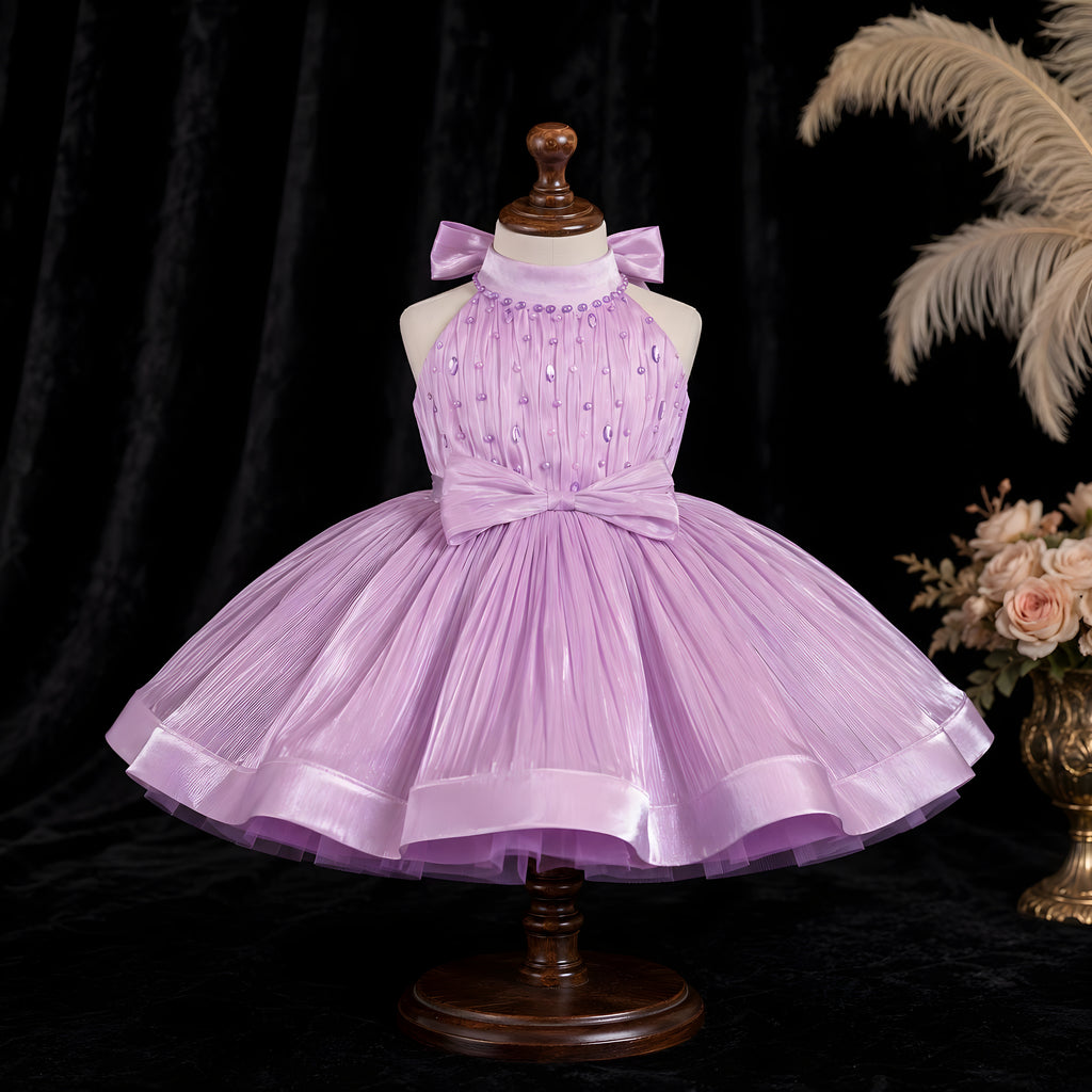 Girls Lilac Organza Beaded Halter Party Dress with Satin Bow - Flower Girl, Birthday & Cake Smash