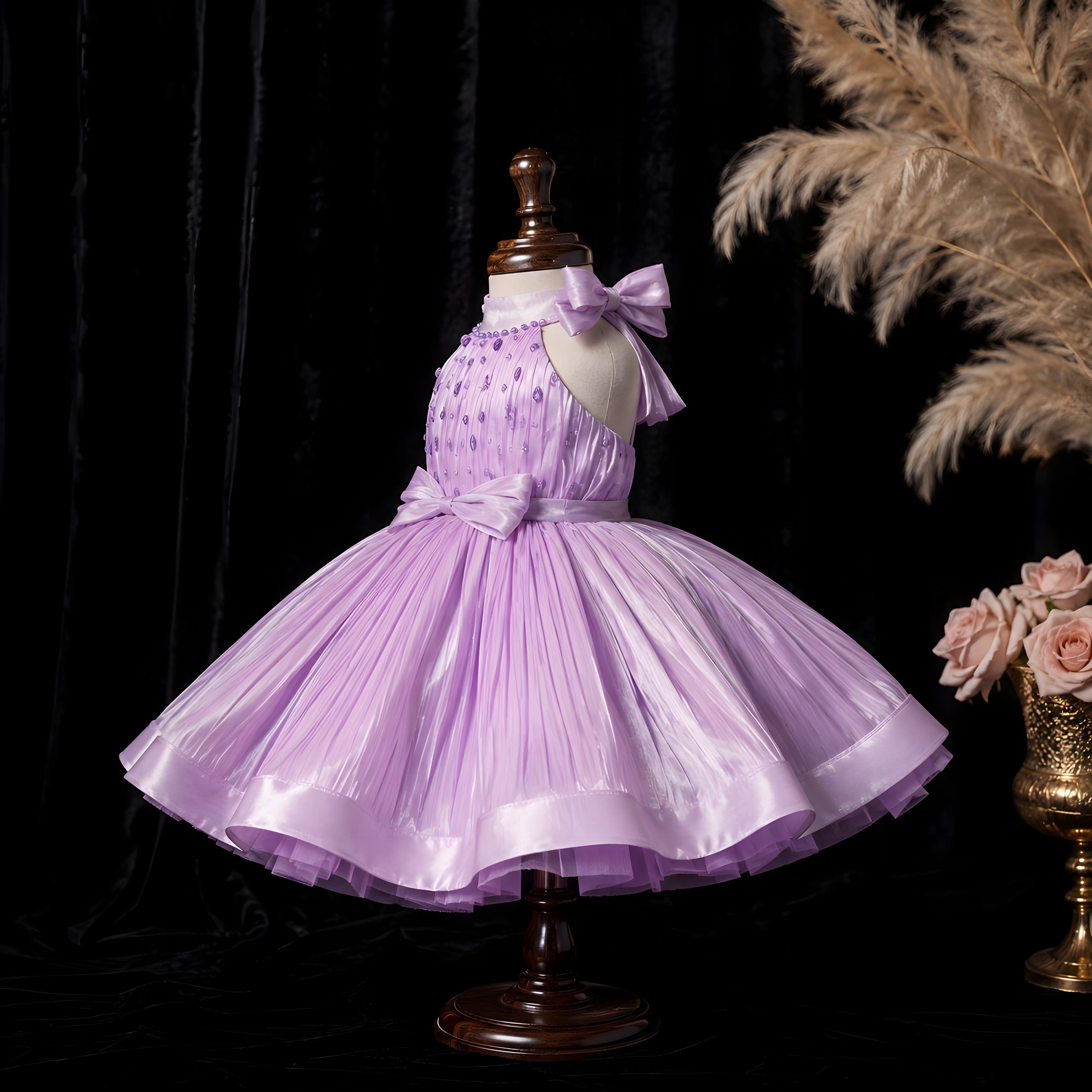Girls Lilac Organza Beaded Halter Party Dress with Satin Bow - Flower Girl, Birthday & Cake Smash