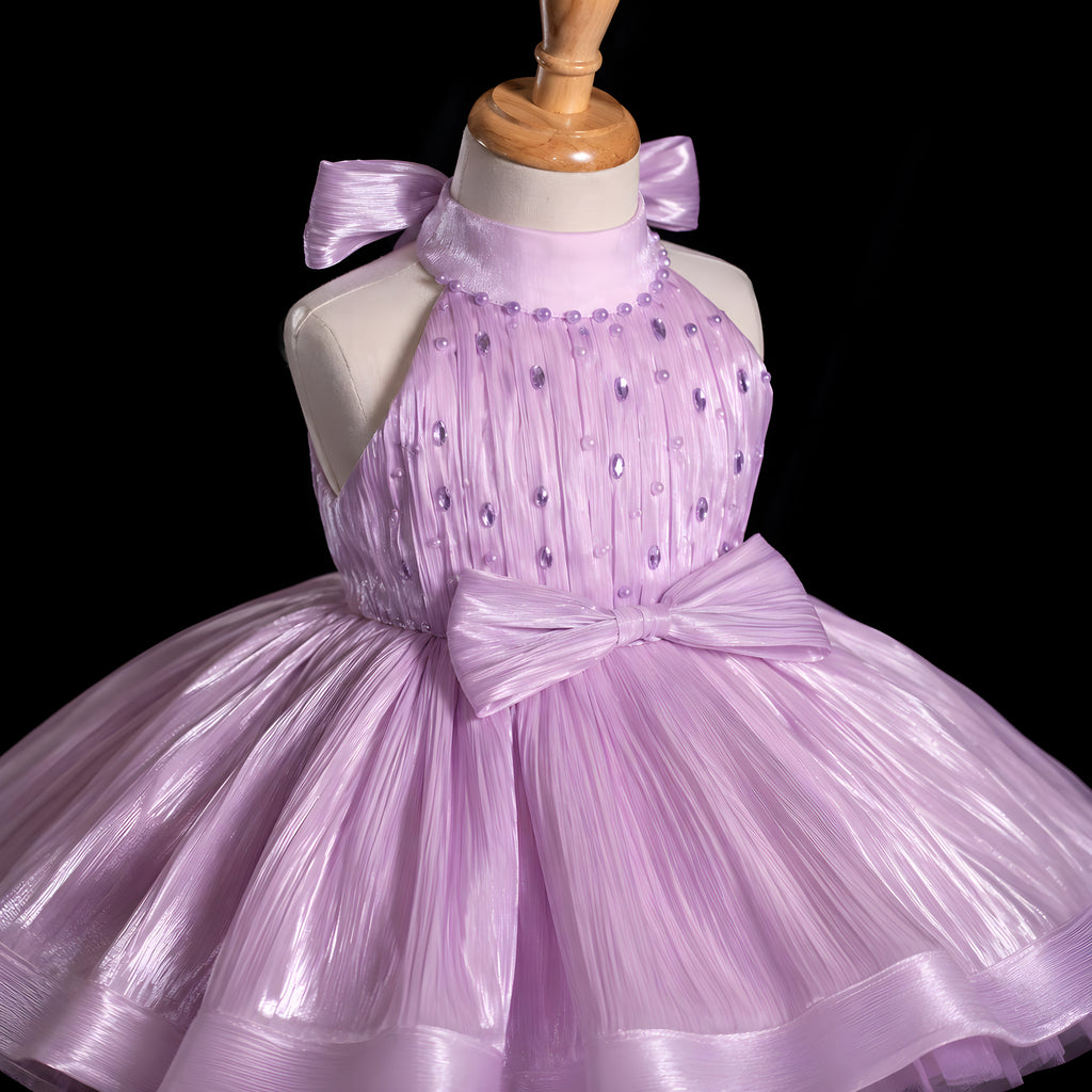 Girls Lilac Organza Beaded Halter Party Dress with Satin Bow - Flower Girl, Birthday & Cake Smash