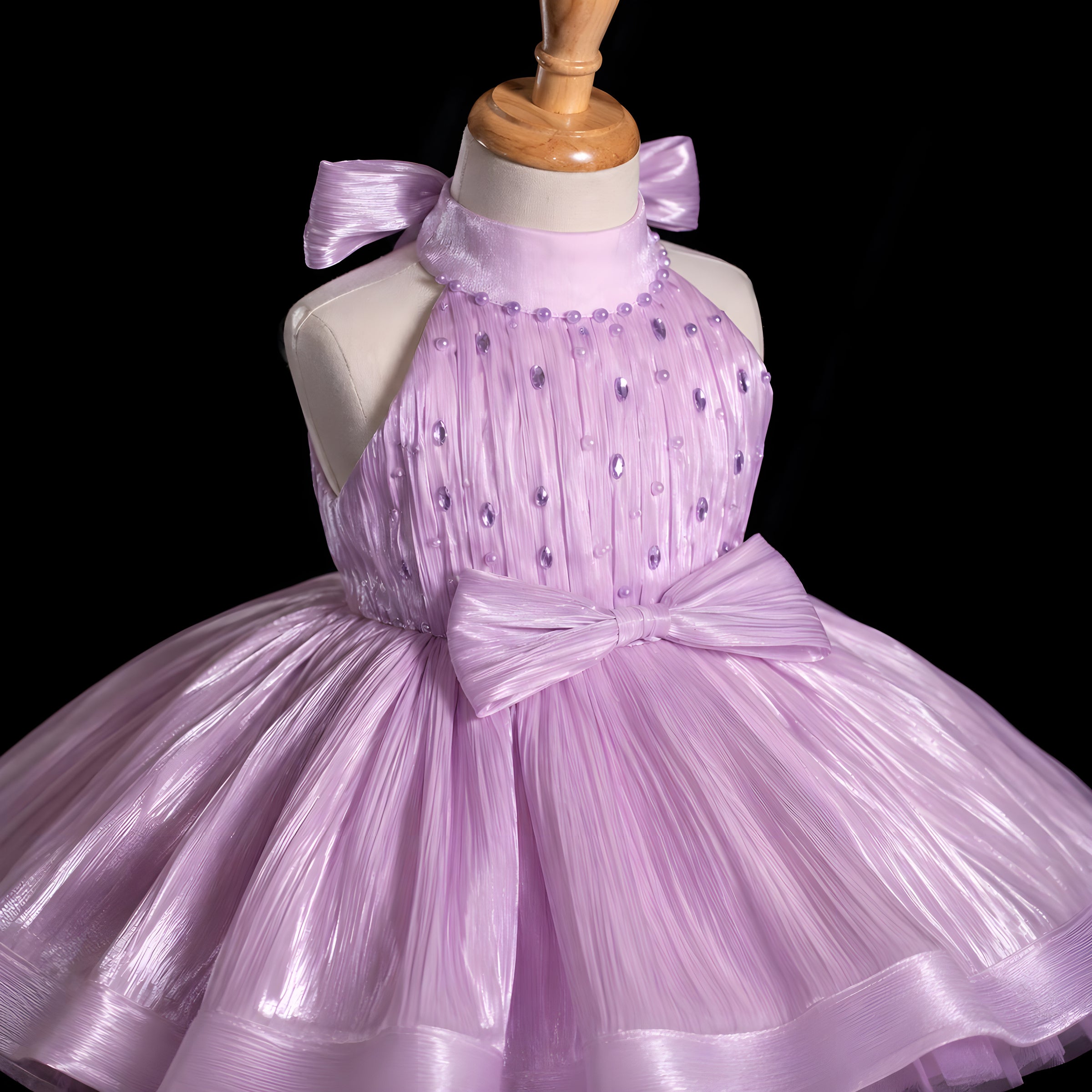 Girls Lilac Organza Beaded Halter Party Dress with Satin Bow - Flower Girl, Birthday & Cake Smash