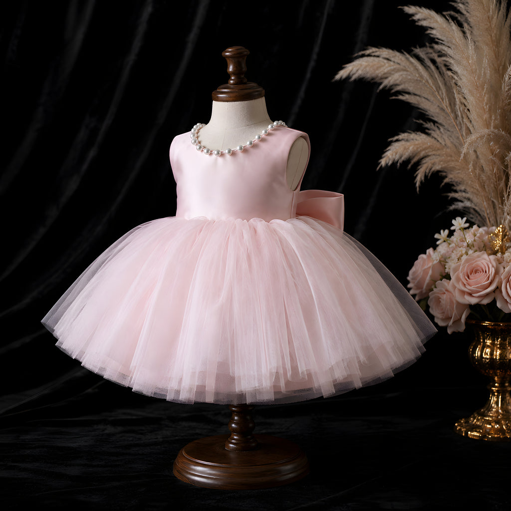 Girls Blush Pink Tulle Flower Girl Dress with Pearl Open Back & Satin Bow - Birthday, Cake Smash & Photoshoot