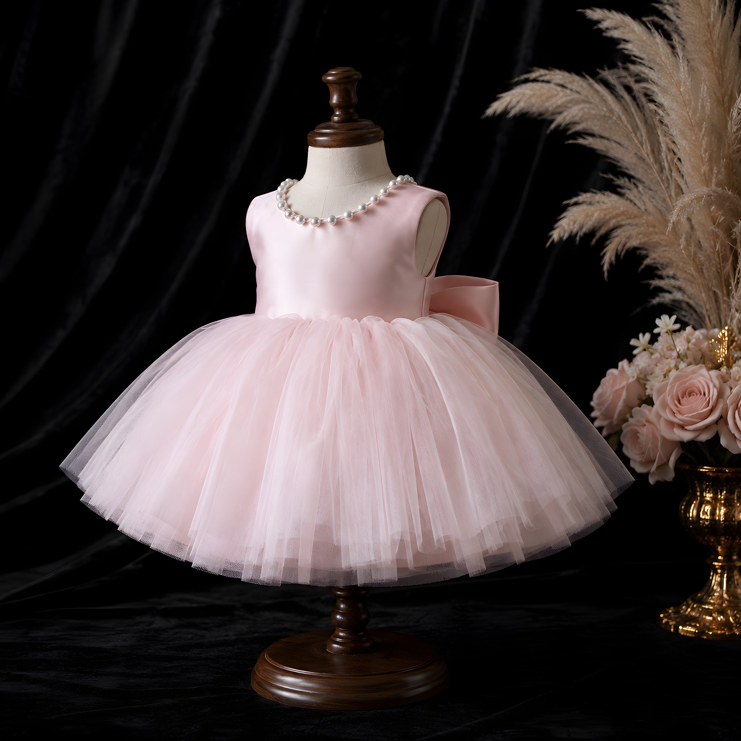 Girls Blush Pink Tulle Flower Girl Dress with Pearl Open Back & Satin Bow - Birthday, Cake Smash & Photoshoot