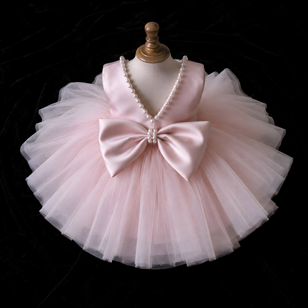 Girls Blush Pink Tulle Flower Girl Dress with Pearl Open Back & Satin Bow - Birthday, Cake Smash & Photoshoot
