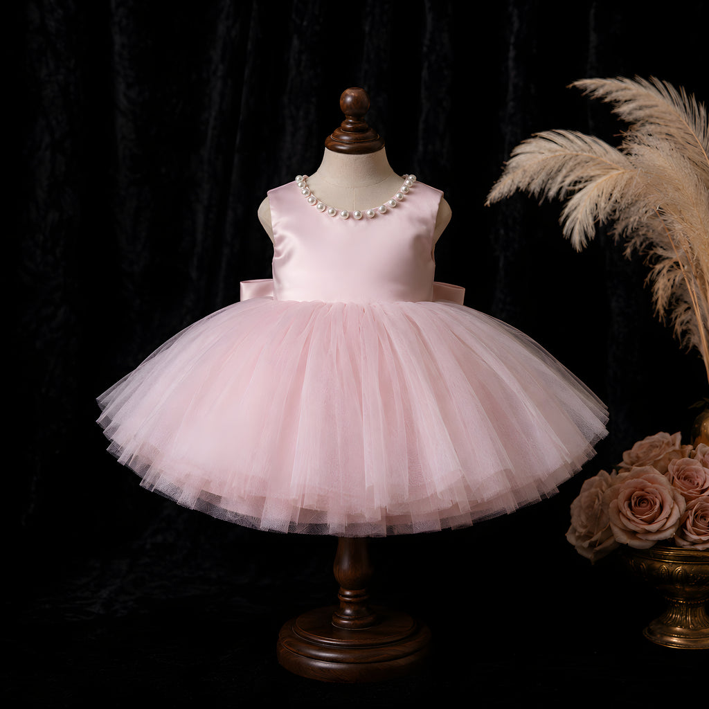 Girls Blush Pink Tulle Flower Girl Dress with Pearl Open Back & Satin Bow - Birthday, Cake Smash & Photoshoot