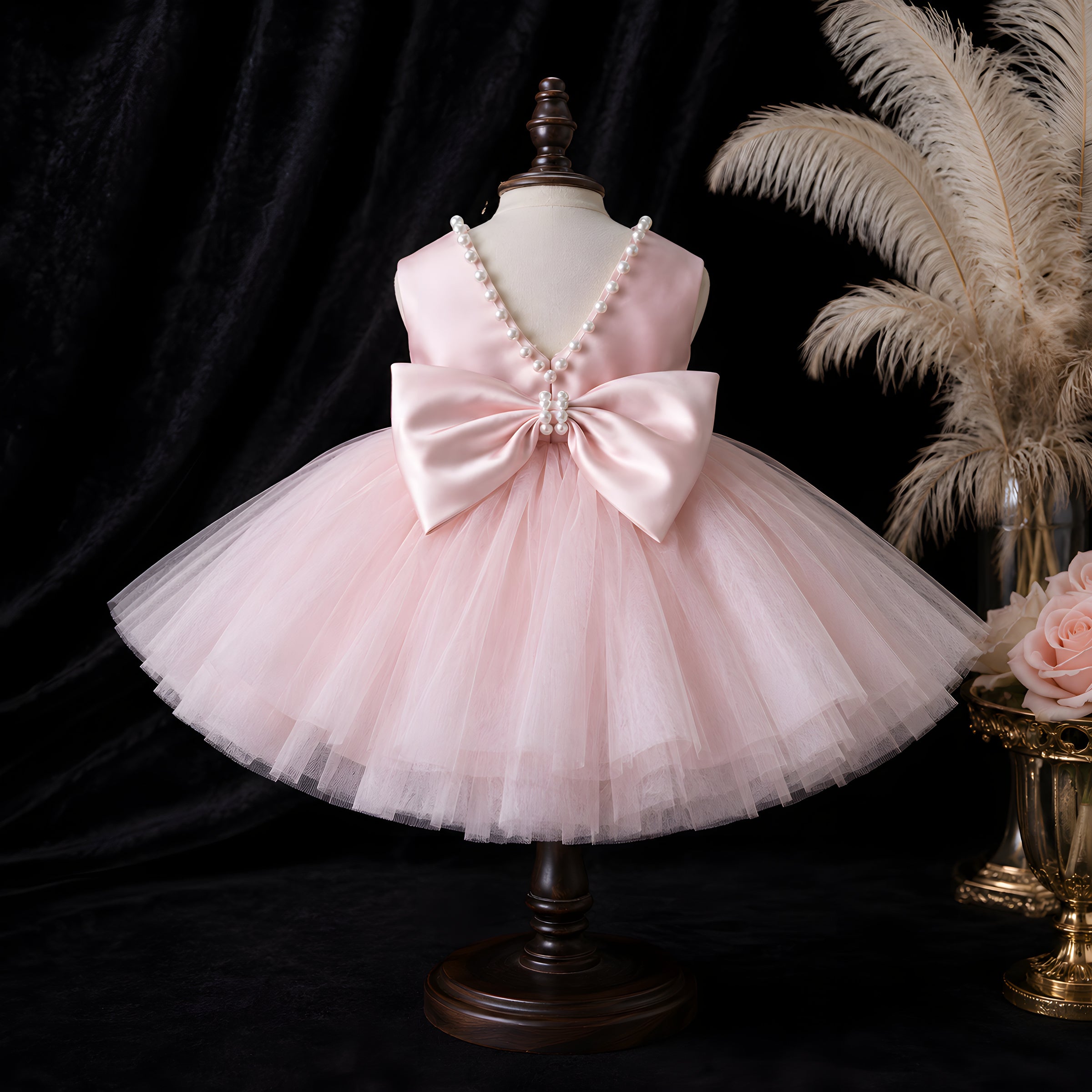 Girls Blush Pink Tulle Flower Girl Dress with Pearl Open Back & Satin Bow - Birthday, Cake Smash & Photoshoot