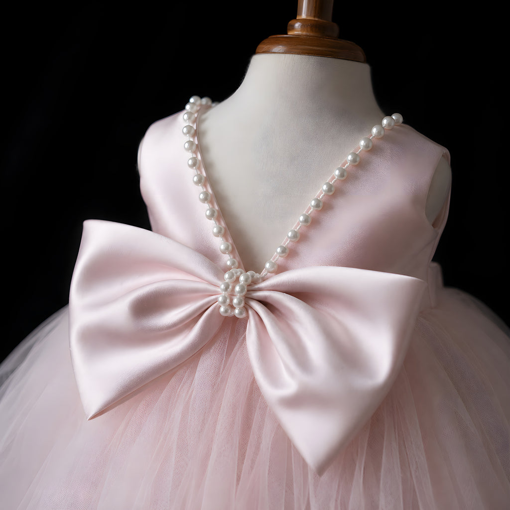 Girls Blush Pink Tulle Flower Girl Dress with Pearl Open Back & Satin Bow - Birthday, Cake Smash & Photoshoot