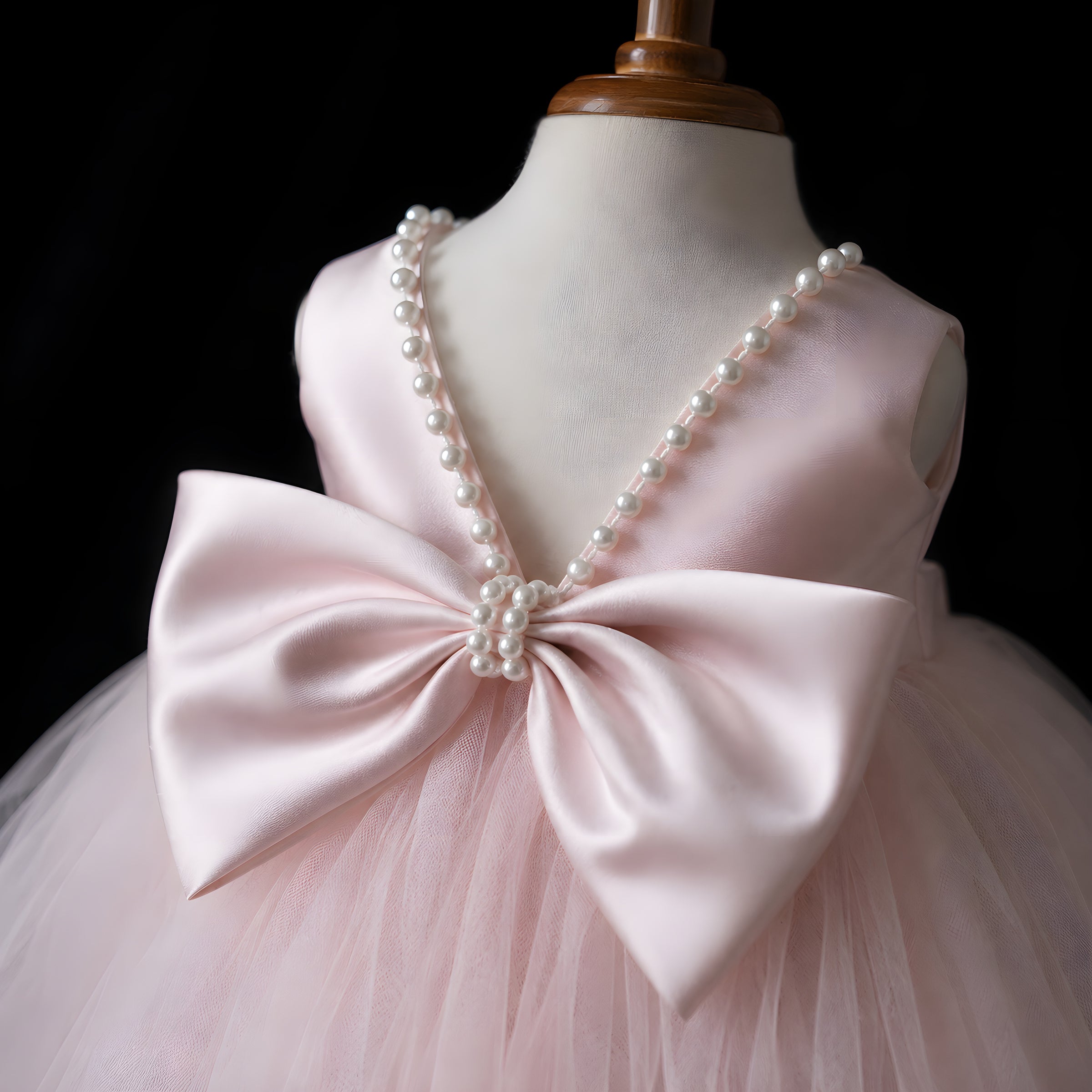 Girls Blush Pink Tulle Flower Girl Dress with Pearl Open Back & Satin Bow - Birthday, Cake Smash & Photoshoot