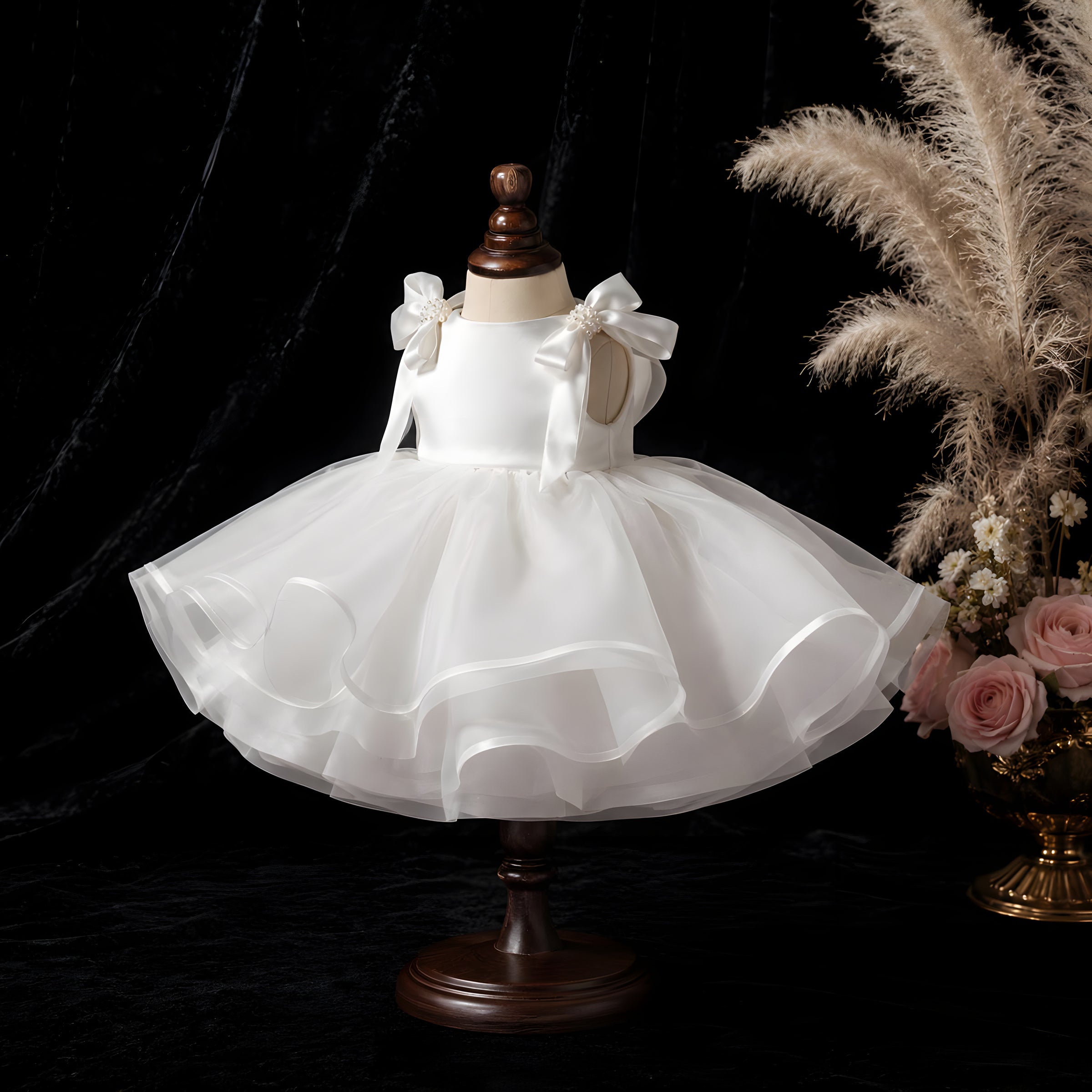 Girls White Organza Butterfly Bow Ball Gown - Flower Girl, First Birthday & Photoshoot