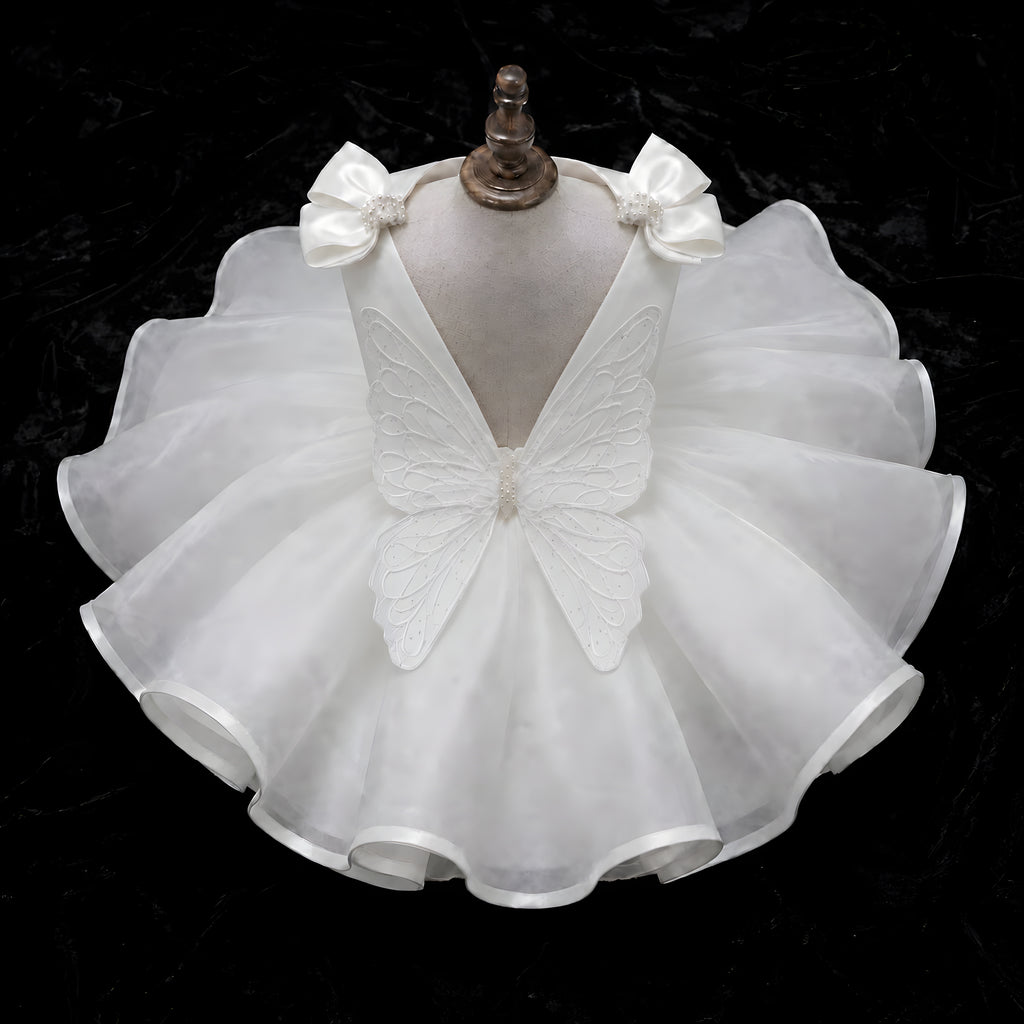 Girls White Organza Butterfly Bow Ball Gown - Flower Girl, First Birthday & Photoshoot