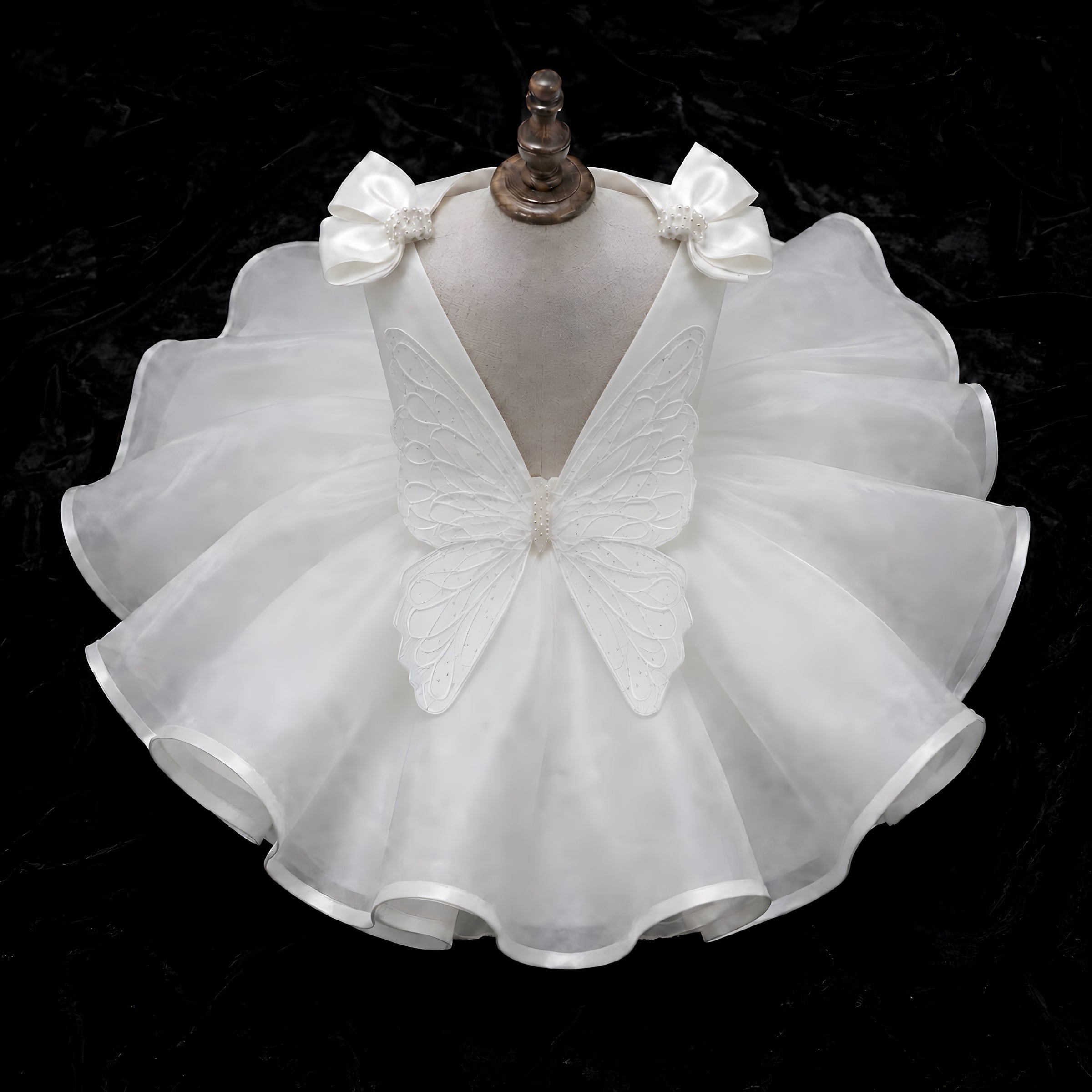 Girls White Organza Butterfly Bow Ball Gown - Flower Girl, First Birthday & Photoshoot