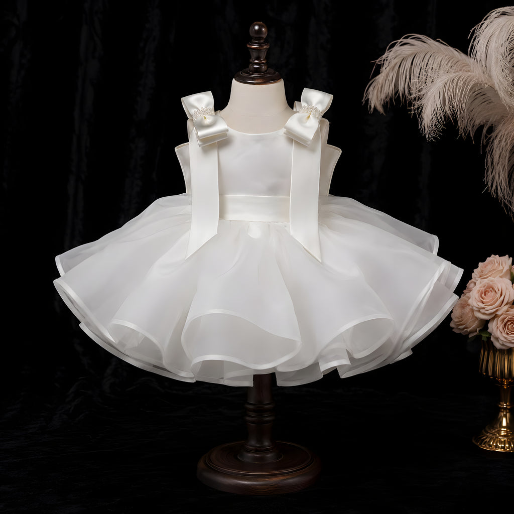 Girls White Organza Butterfly Bow Ball Gown - Flower Girl, First Birthday & Photoshoot