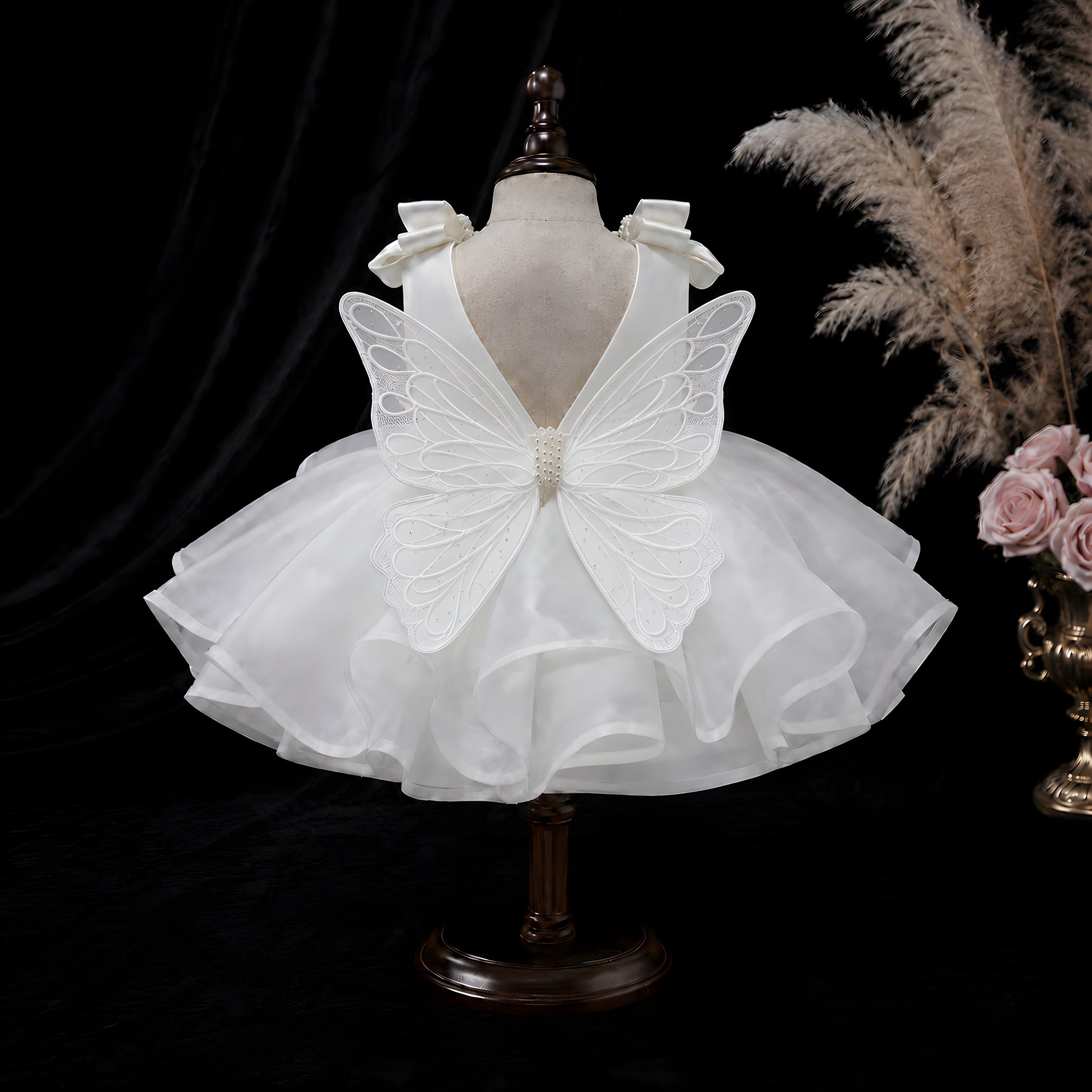 Girls White Organza Butterfly Bow Ball Gown - Flower Girl, First Birthday & Photoshoot
