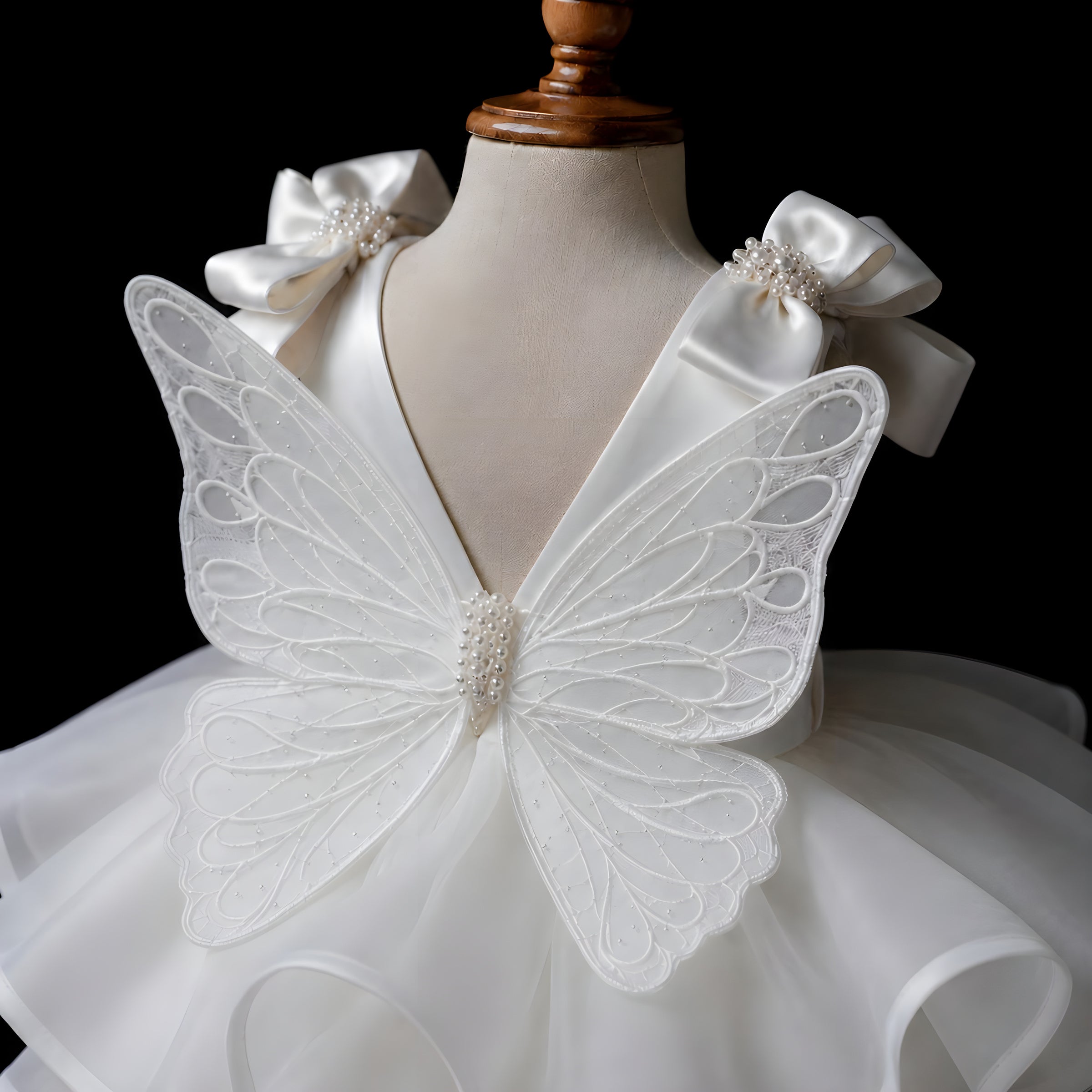 Girls White Organza Butterfly Bow Ball Gown - Flower Girl, First Birthday & Photoshoot