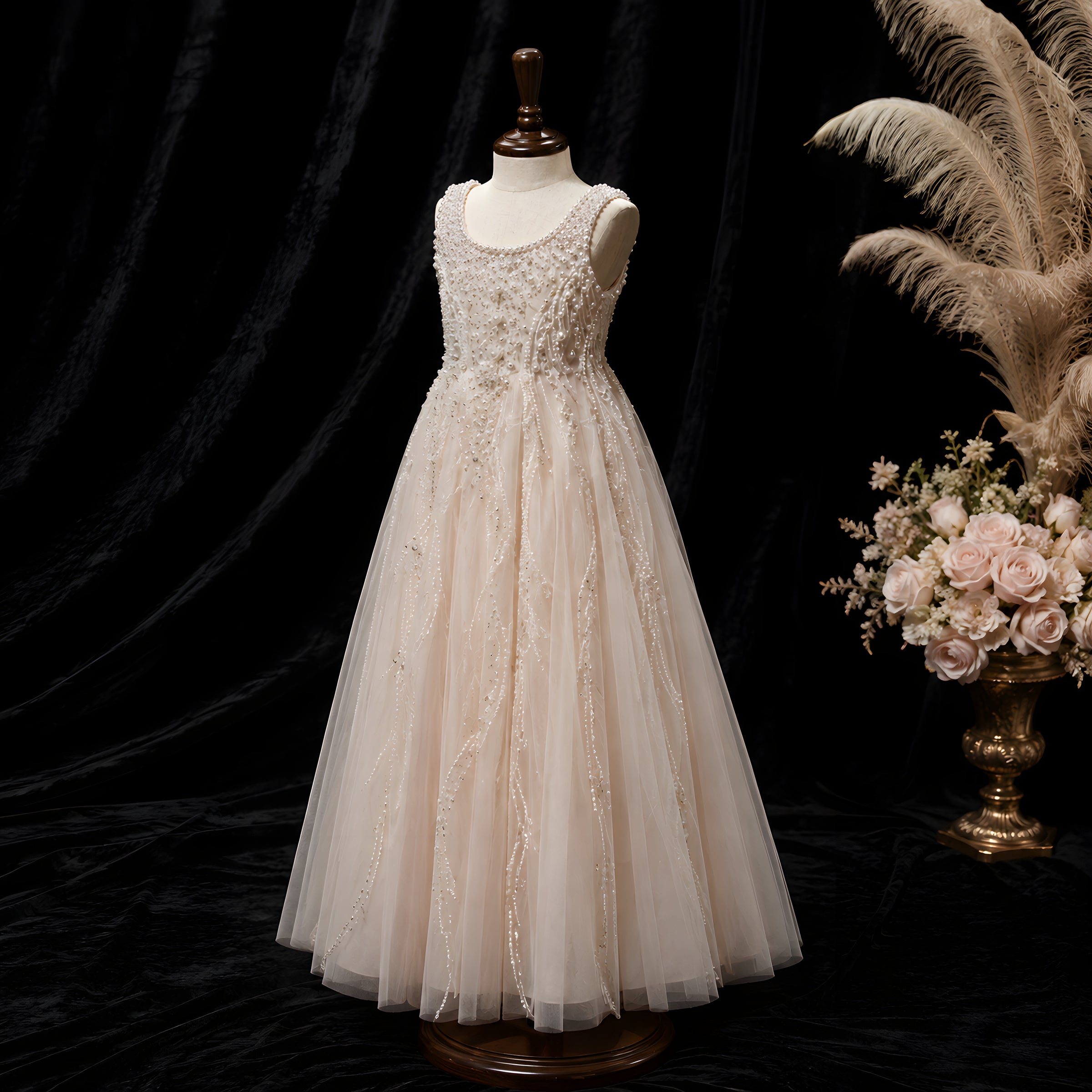 Girls Champagne Pearl Beaded Floor-Length Tulle Gown - Flower Girl, Junior Bridesmaid & Weddings