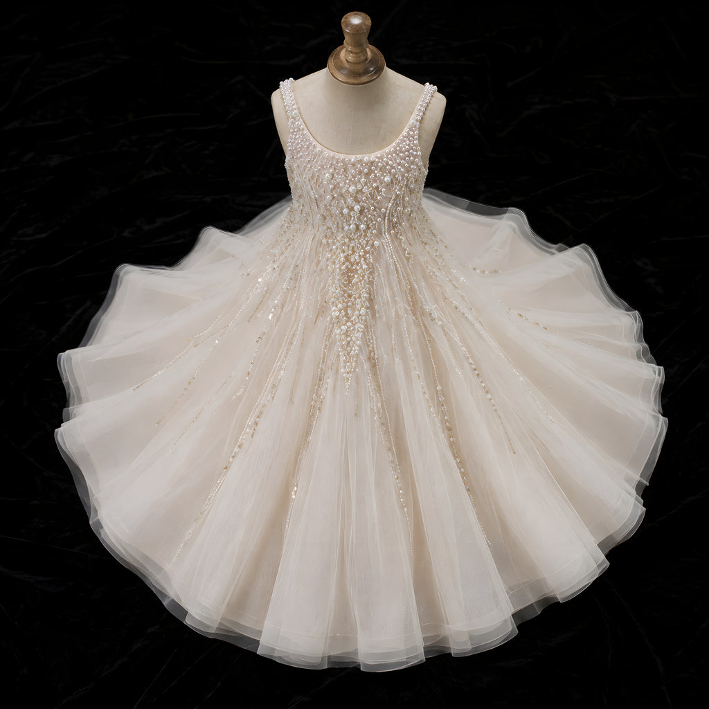 Girls Champagne Pearl Beaded Floor-Length Tulle Gown - Flower Girl, Junior Bridesmaid & Weddings