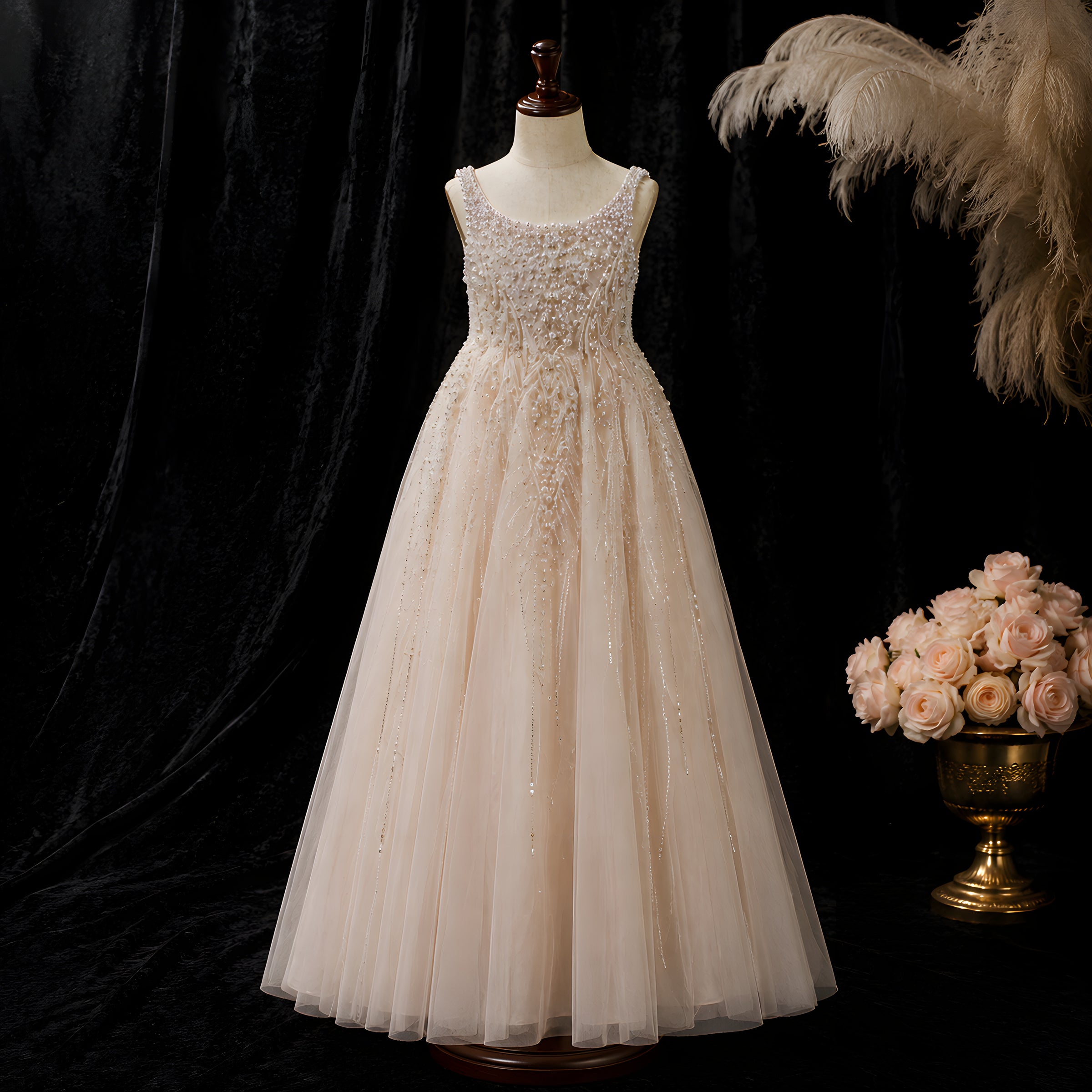 Girls Champagne Pearl Beaded Floor-Length Tulle Gown - Flower Girl, Junior Bridesmaid & Weddings