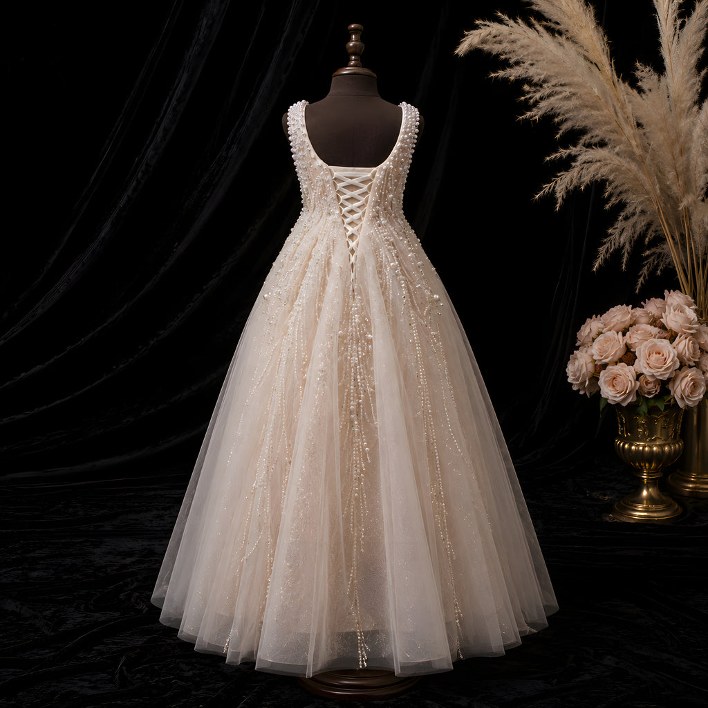Girls Champagne Pearl Beaded Floor-Length Tulle Gown - Flower Girl, Junior Bridesmaid & Weddings