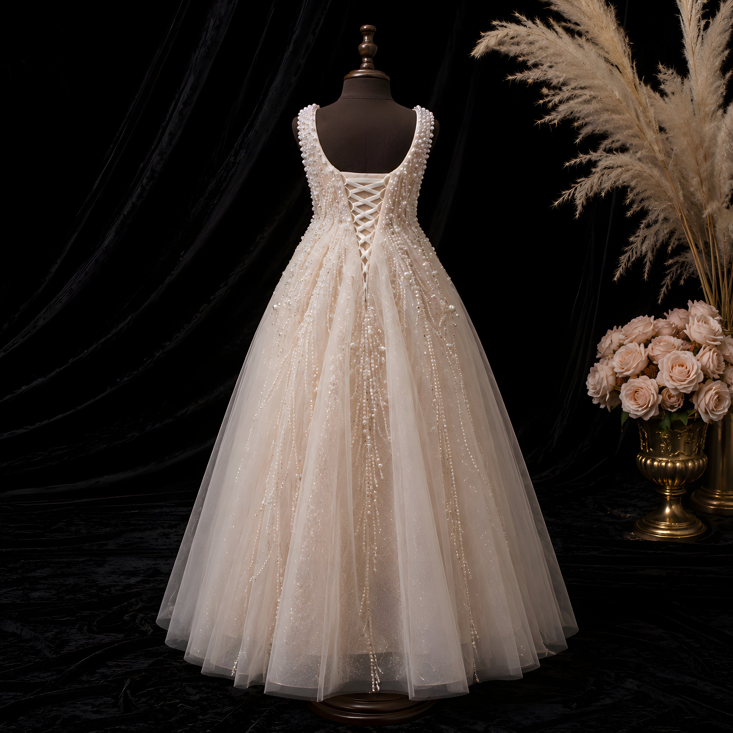 Girls Champagne Pearl Beaded Floor-Length Tulle Gown - Flower Girl, Junior Bridesmaid & Weddings