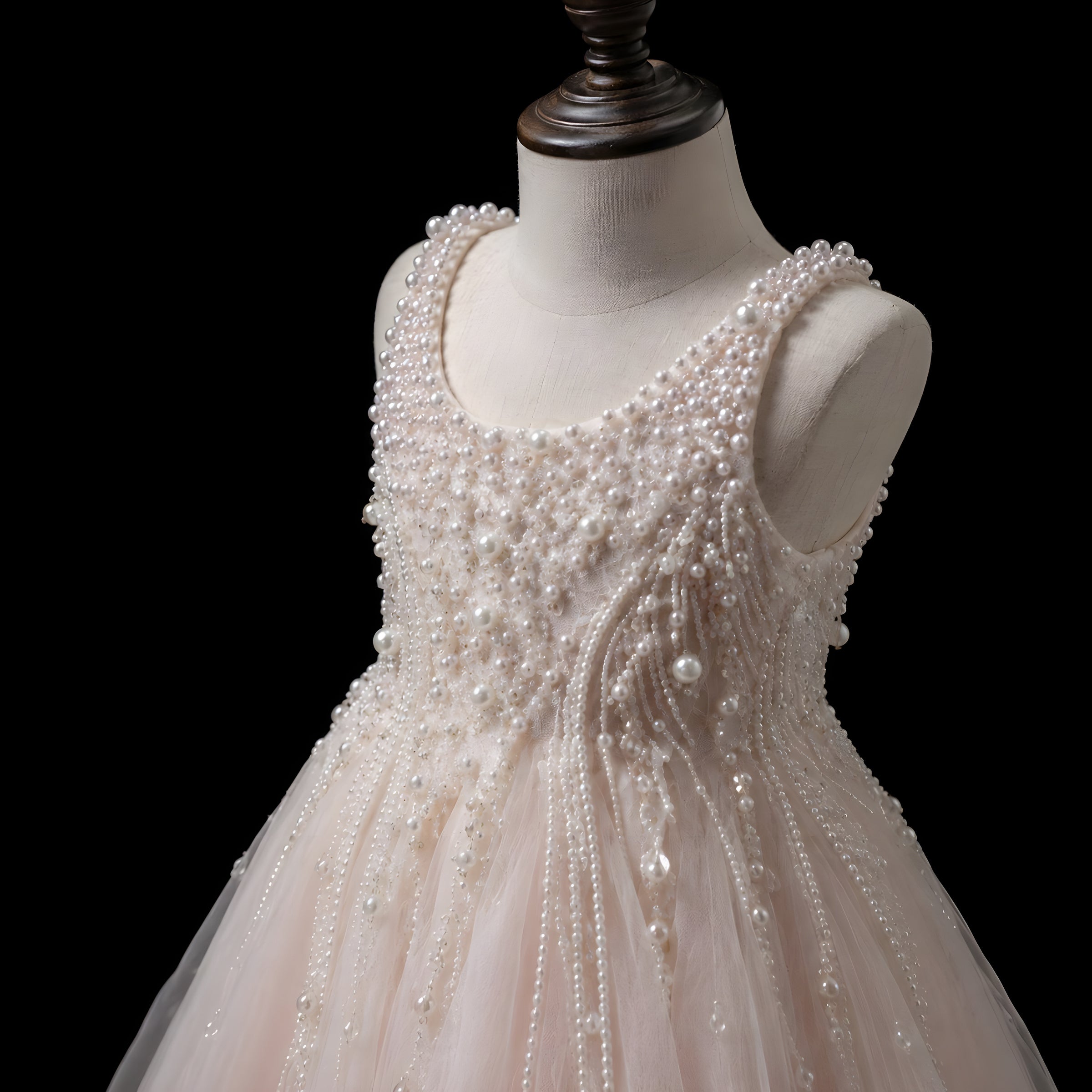 Girls Champagne Pearl Beaded Floor-Length Tulle Gown - Flower Girl, Junior Bridesmaid & Weddings