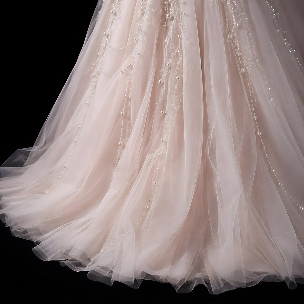 Girls Champagne Pearl Beaded Floor-Length Tulle Gown - Flower Girl, Junior Bridesmaid & Weddings