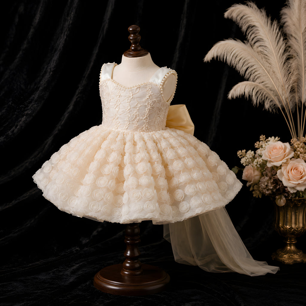 Girls Champagne Lace Dotted Tulle Dress with Oversized Bow Train - Flower Girl, Birthday & Cake Smash
