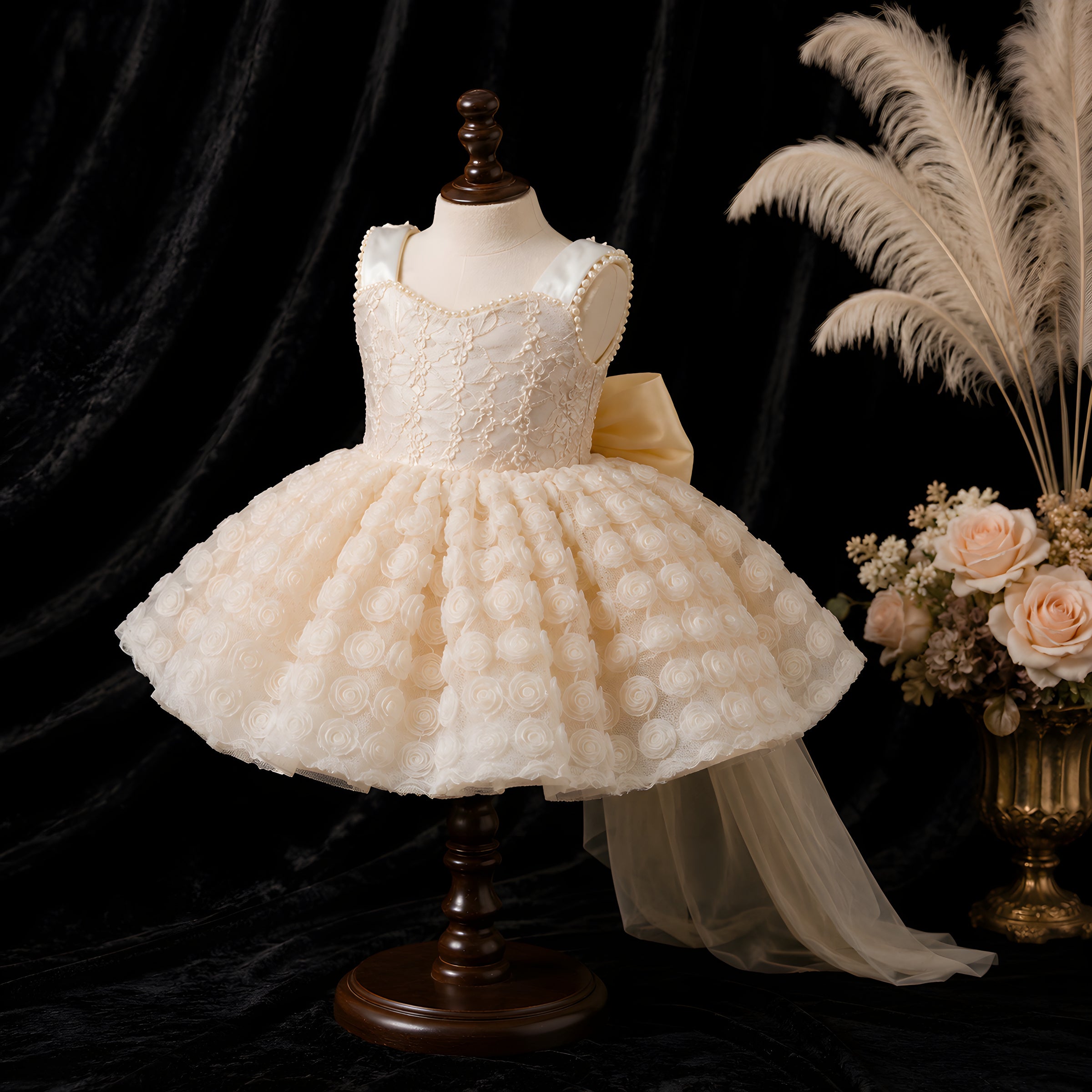 Girls Champagne Lace Dotted Tulle Dress with Oversized Bow Train - Flower Girl, Birthday & Cake Smash