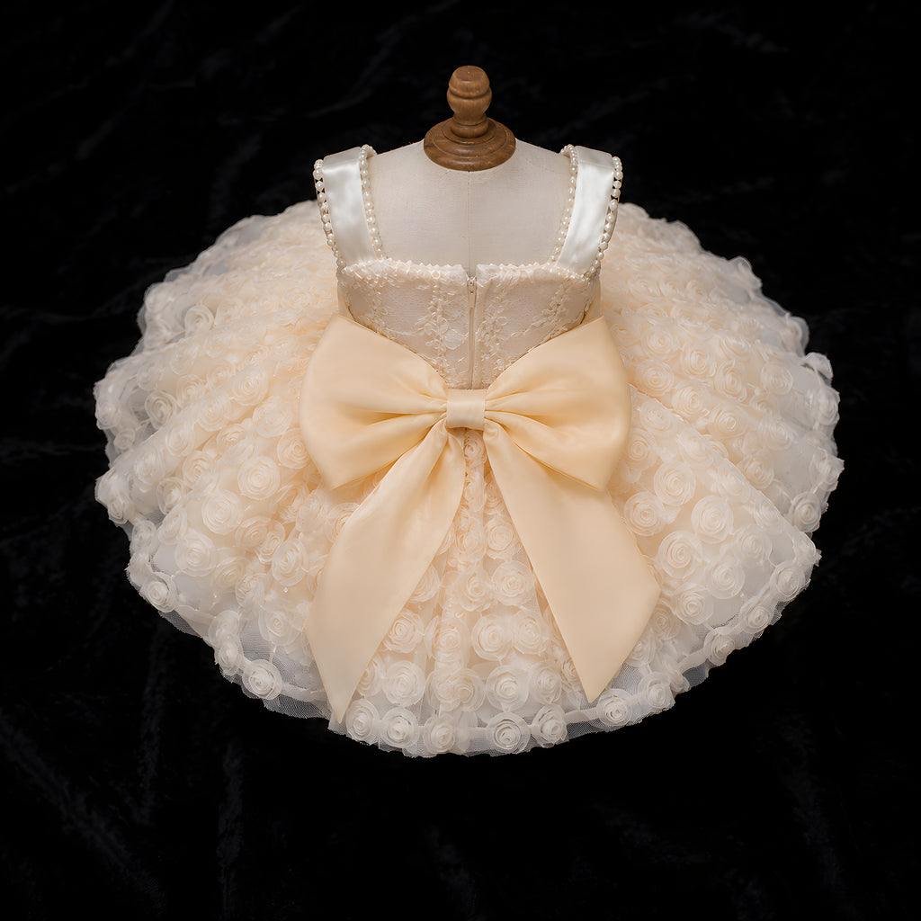 Girls Champagne Lace Dotted Tulle Dress with Oversized Bow Train - Flower Girl, Birthday & Cake Smash