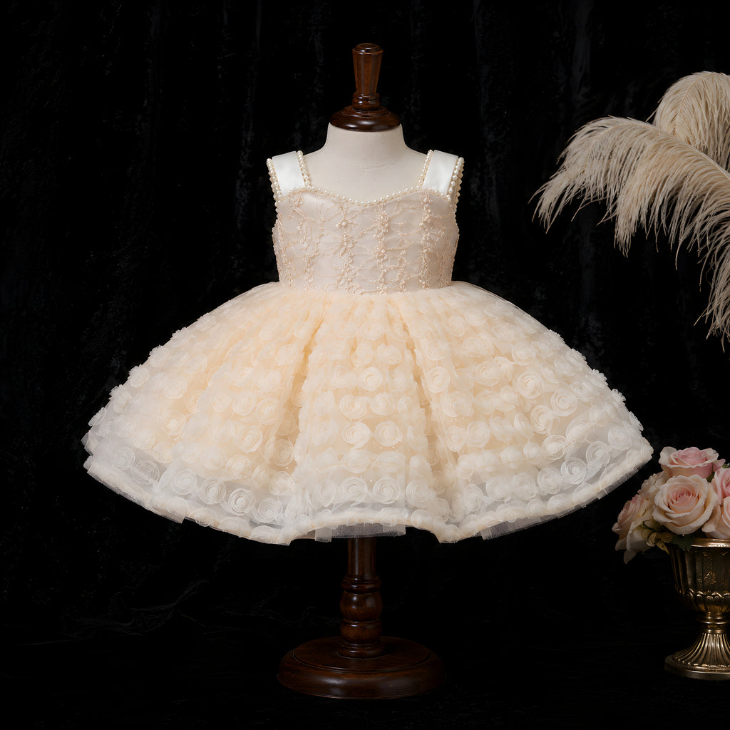 Girls Champagne Lace Dotted Tulle Dress with Oversized Bow Train - Flower Girl, Birthday & Cake Smash