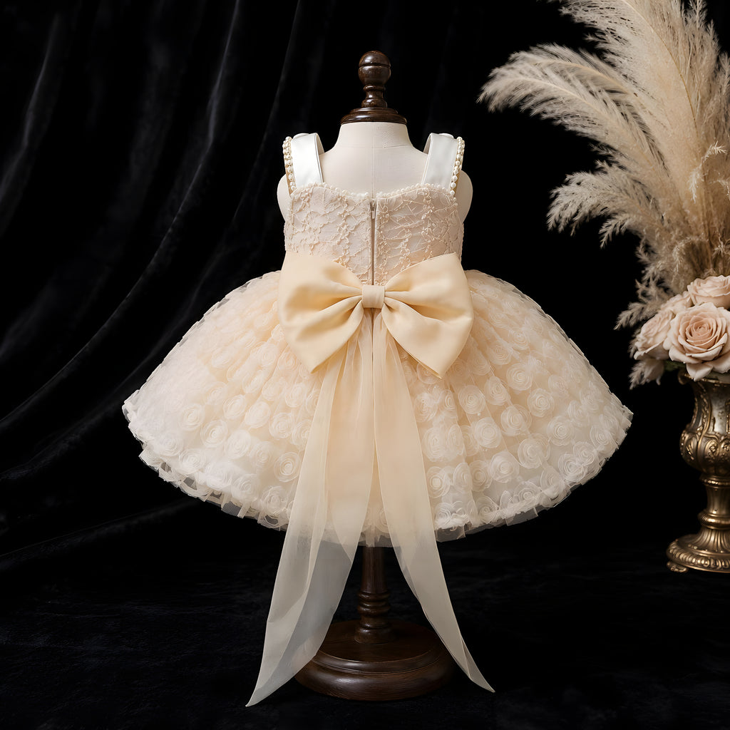 Girls Champagne Lace Dotted Tulle Dress with Oversized Bow Train - Flower Girl, Birthday & Cake Smash